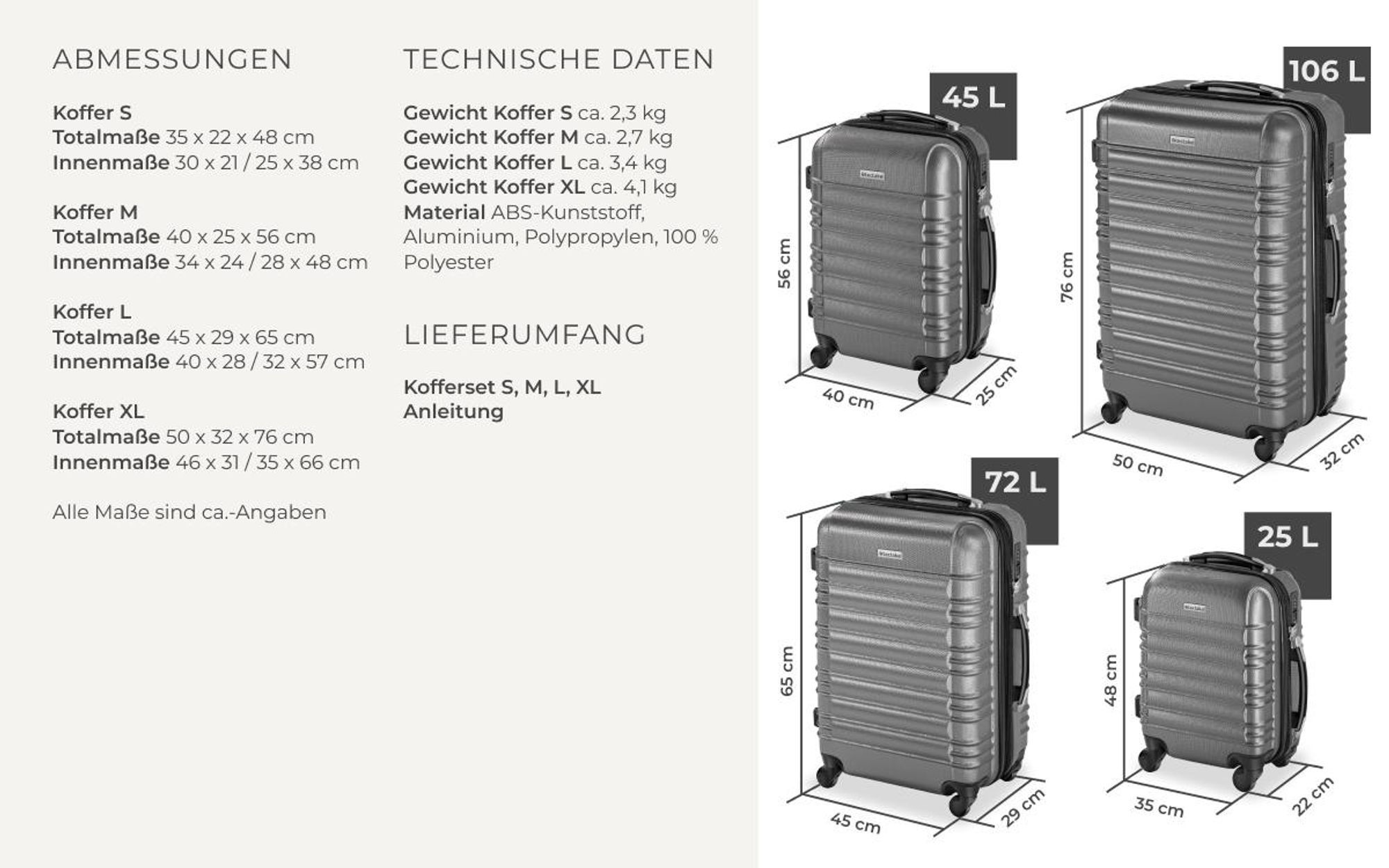 tectake® Hartschalenkoffer-Set 4-teilig, aus robustem ABS-Kunststoff