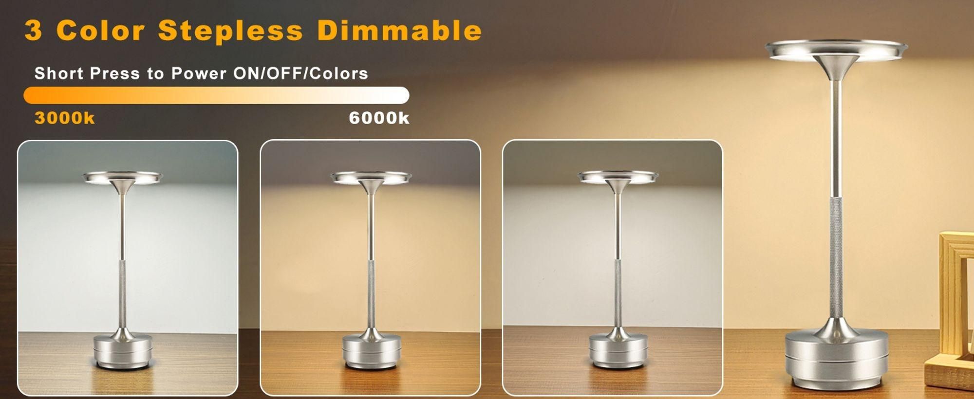 2er Set Kabellose Dimmbare LED Akku Tischleuchten, Touch Tischlampen, 3 Lichtfarben, Nachttischlampen für Wohnzimmer Schlafzimmer, Silber