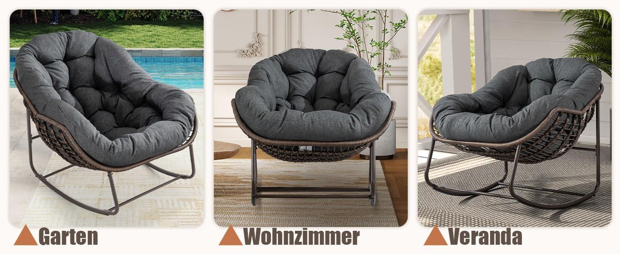 LVHOM Schaukelsessel Garten mit Kissen, 2 Stk. Rattanstühle mit Stahlrahmen, Schaukelstuhl Lounge-Schaukelsessel, Sessel für Balkon, Dunkelgrau