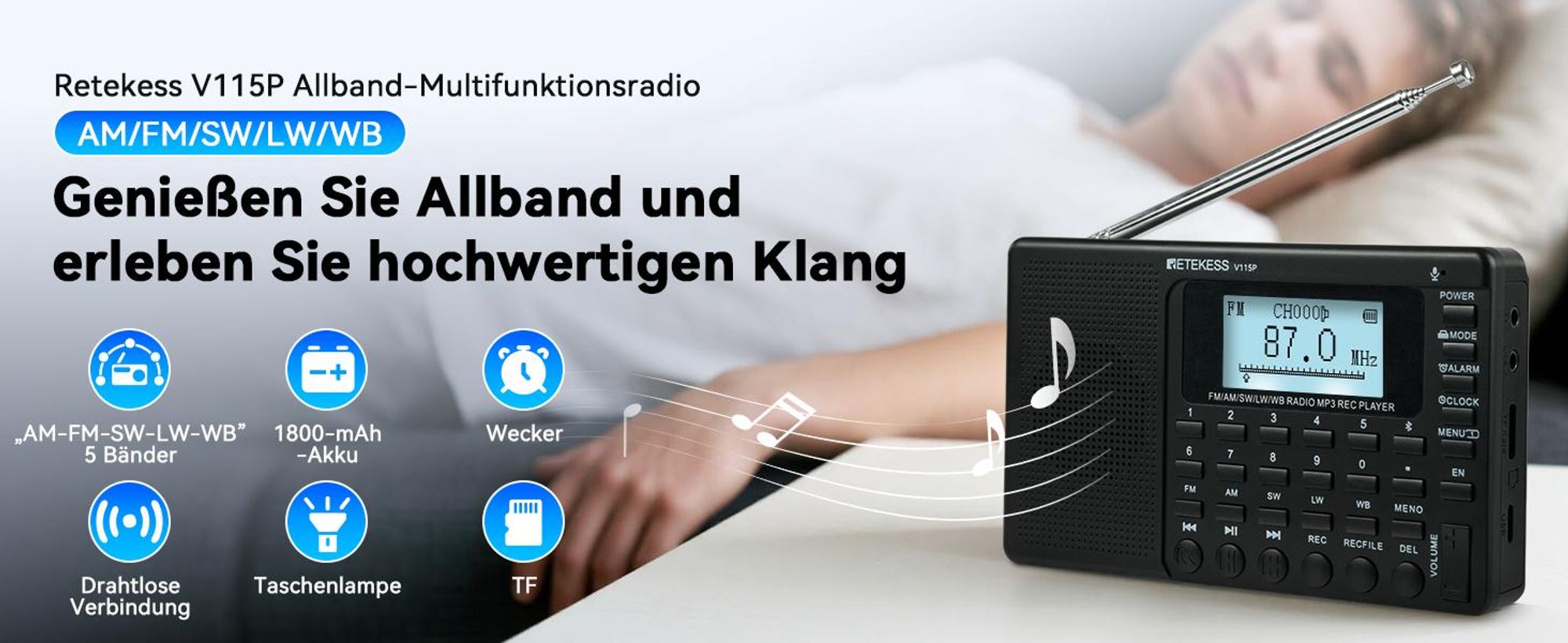 Retekess V115P Tragbares Digitales Radio, AM FM SW LW WB, 1800mAh, Taschenlampe, TF/AUX, Aufnahme, Taschenlampe, Sleep-Timer,für Notfälle, Camping