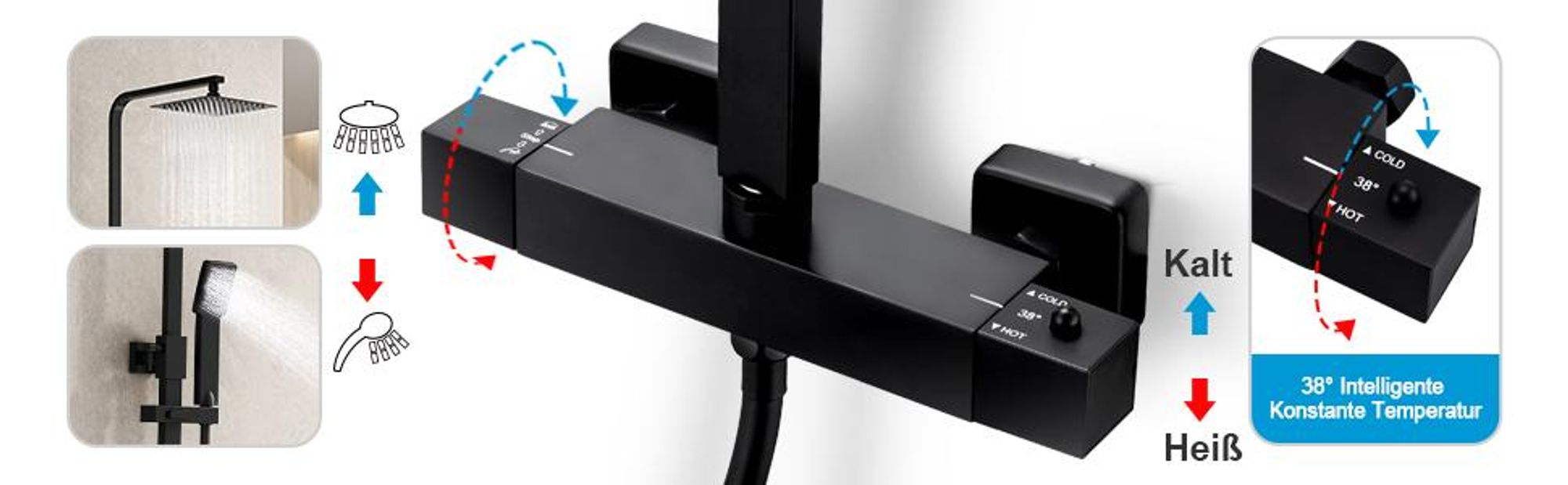 Heilmetz Duschsystem mit Thermostat Schwarz Matt, Duschset mit Quadratischer Regendusche 20x20cm, Höhenverstellbare Edelstahl Duscharmatur