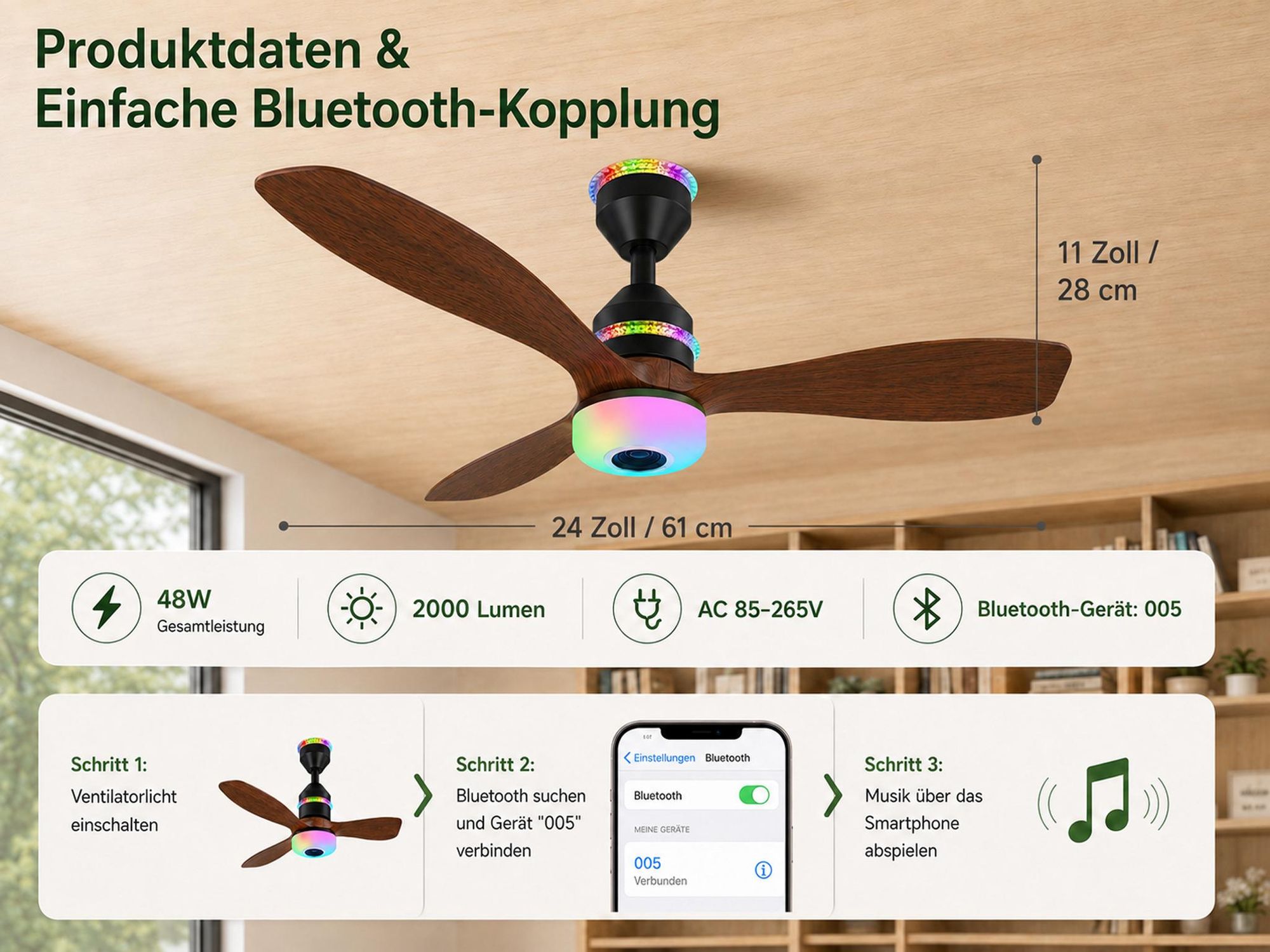 48W 60CM Deckenventilator mit Beleuchtung, LED Deckenleuchte mit Ventilator, 3 Windstufen, 3 Modi, Musik, Leise Lampe mit Ventilator Schlafzimmer