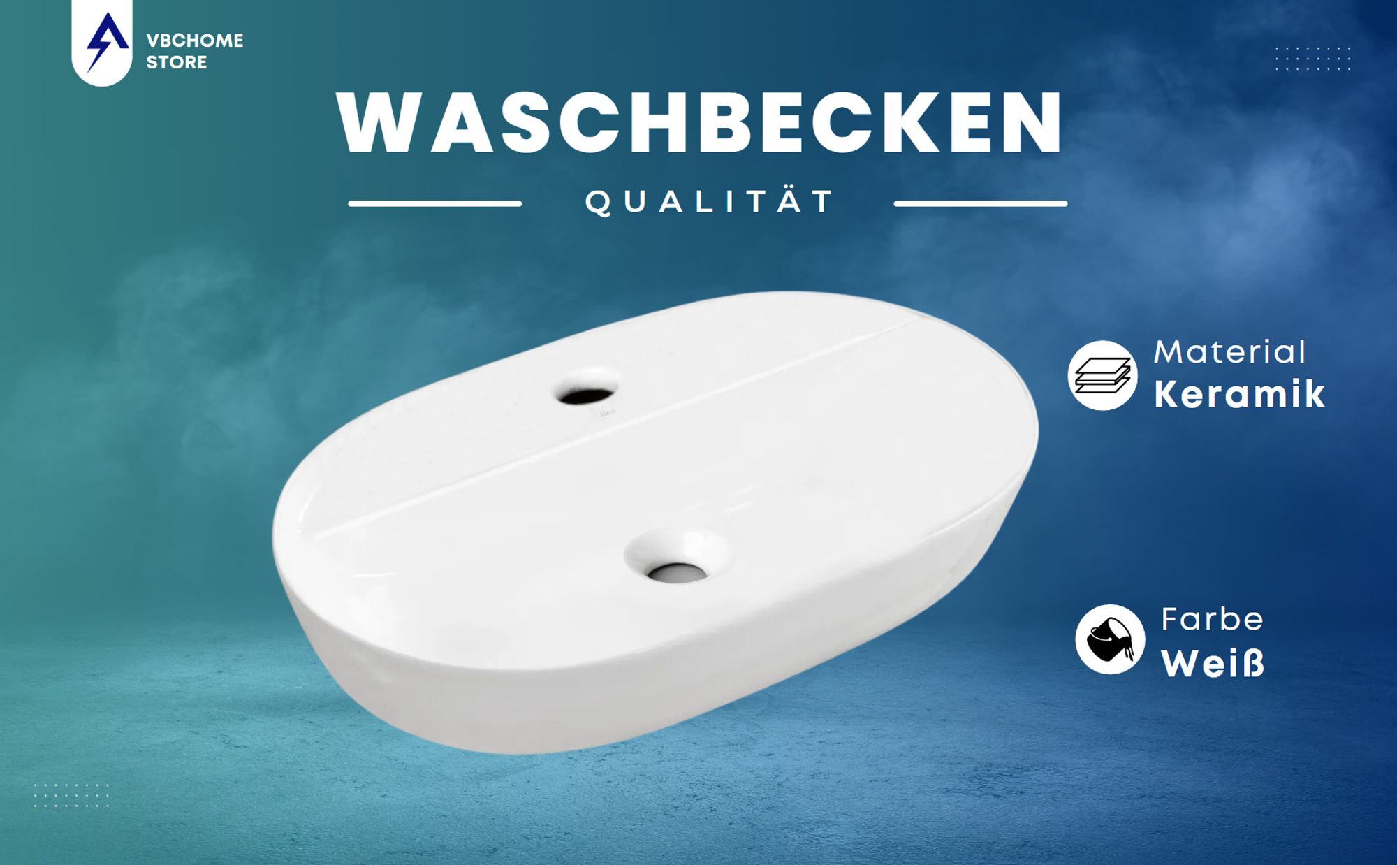 VBChome Badmöbel 60 cm Weiß Aufsatzwaschbecken mit Hahnloch 60x40 cm Aufsatzwaschtisch mit Waschbeckenunterschrank 2 Schubladen Badezimmerschrank