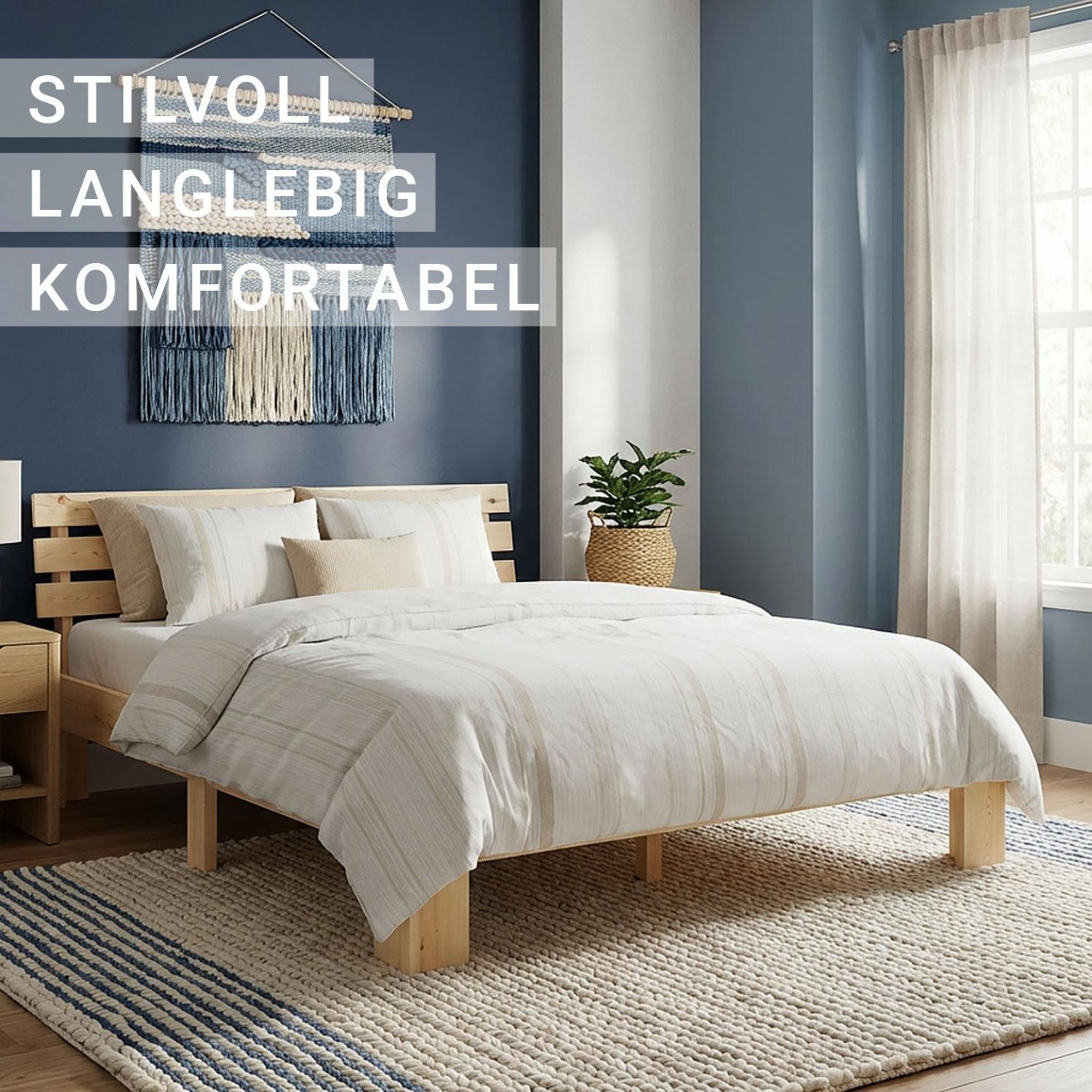 Das Bild zeigt ein modernes Holzbett im Schlafzimmer vor einer blauen Wand.