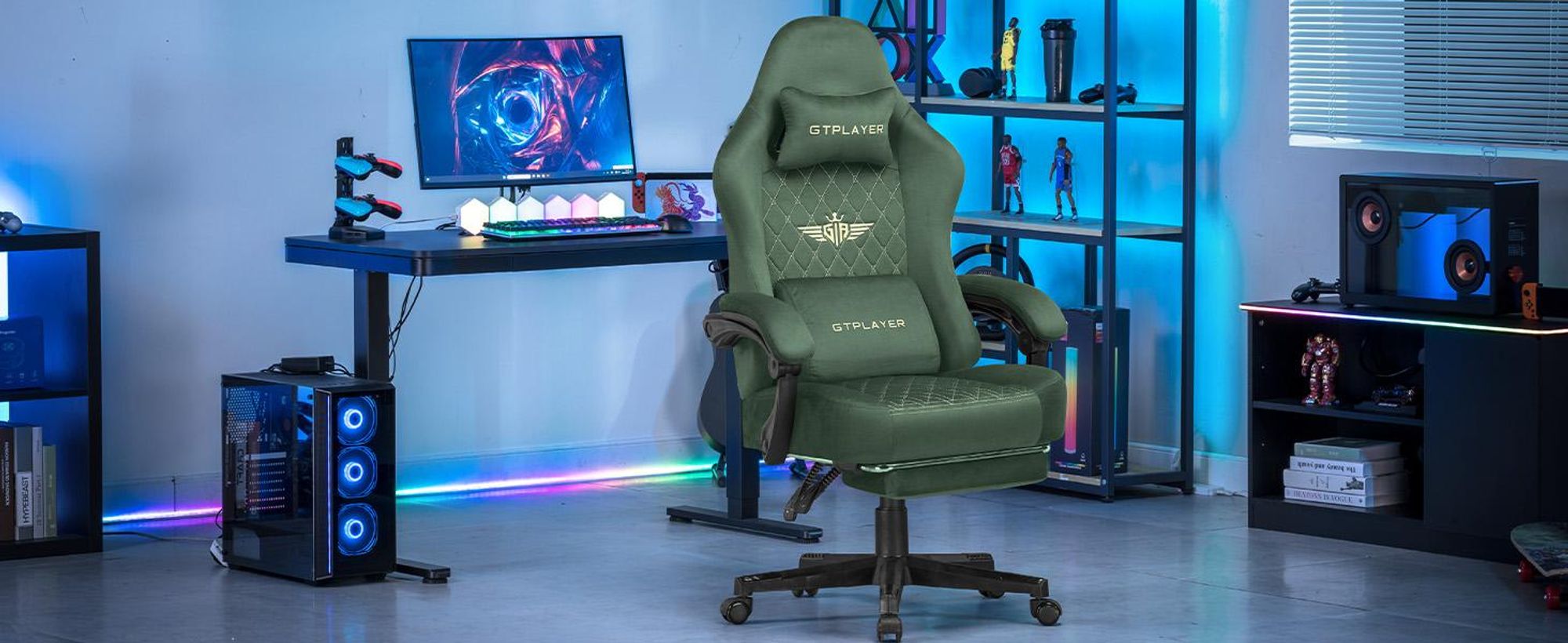 GTPLAYER Sedia da gioco in tessuto Sedia da gioco ergonomica per ufficio Sedia per PC, Sedia da scrivania regolabile e girevole con poggiapiedi, verde
