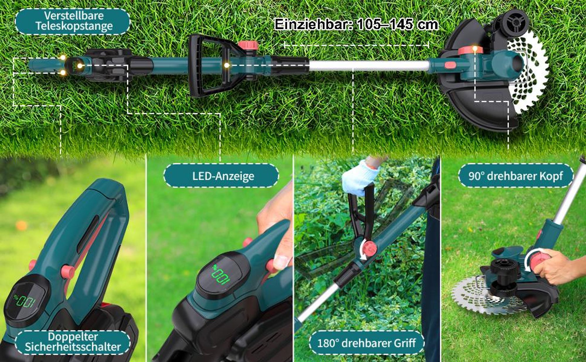 Akku Rasentrimmer mit 2× 4000mAh Akkus 21V, 5 Klingentypen Bürstenloser Motor Rasentrimmer, 750W Freischneider mit Unkrautbürste, Drahtbürste – Blau