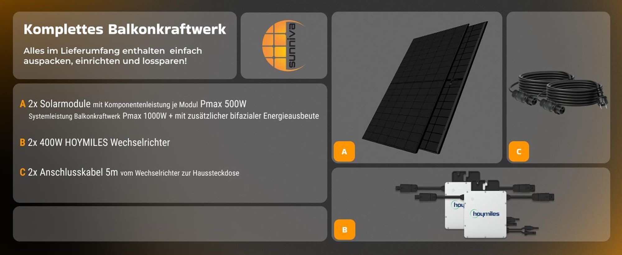 SUNNIVA® 1000W Balkonkraftwerk BIFAZIAL FULLBLACK komplett Steckdose HOYMILES 2x 400 Watt Wechselrichter, Komplettset 2x500W PV Solaranlage Solarmodule