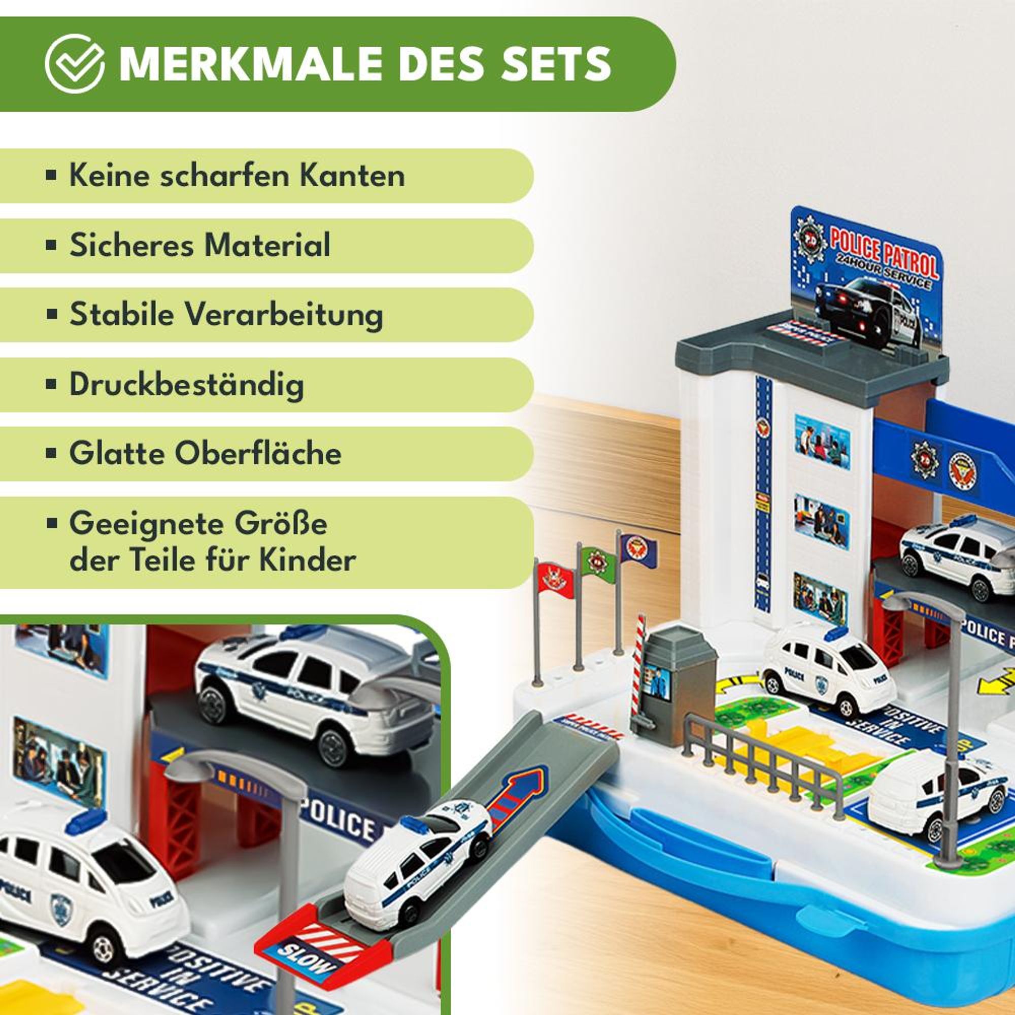 KRUMAD Polizeiparkplatz ab 3 Jahre 40 Teile, Polizei Parkhaus Spielzeug im Koffer, Tragbare Garage mit Auto und Zubehör, Polizeistation für Kinder