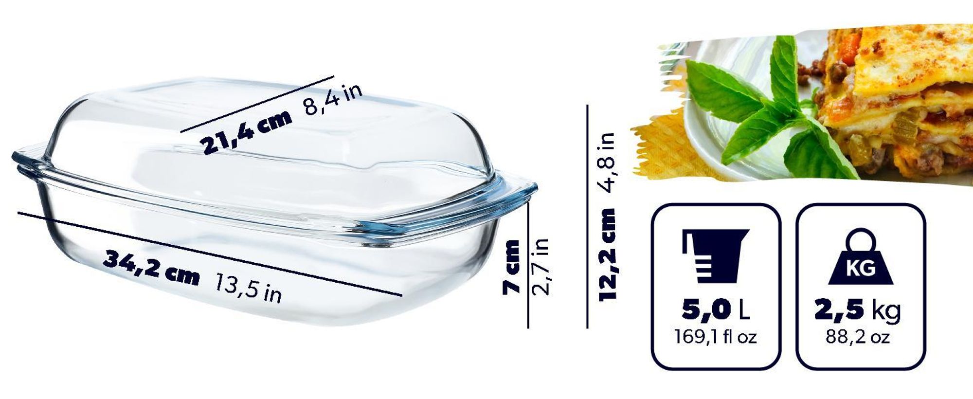 KADAX Auflaufform aus hitzebeständigem Glas "Backe", Glasbräter mit Deckel, transparent, rechteckig, 5L