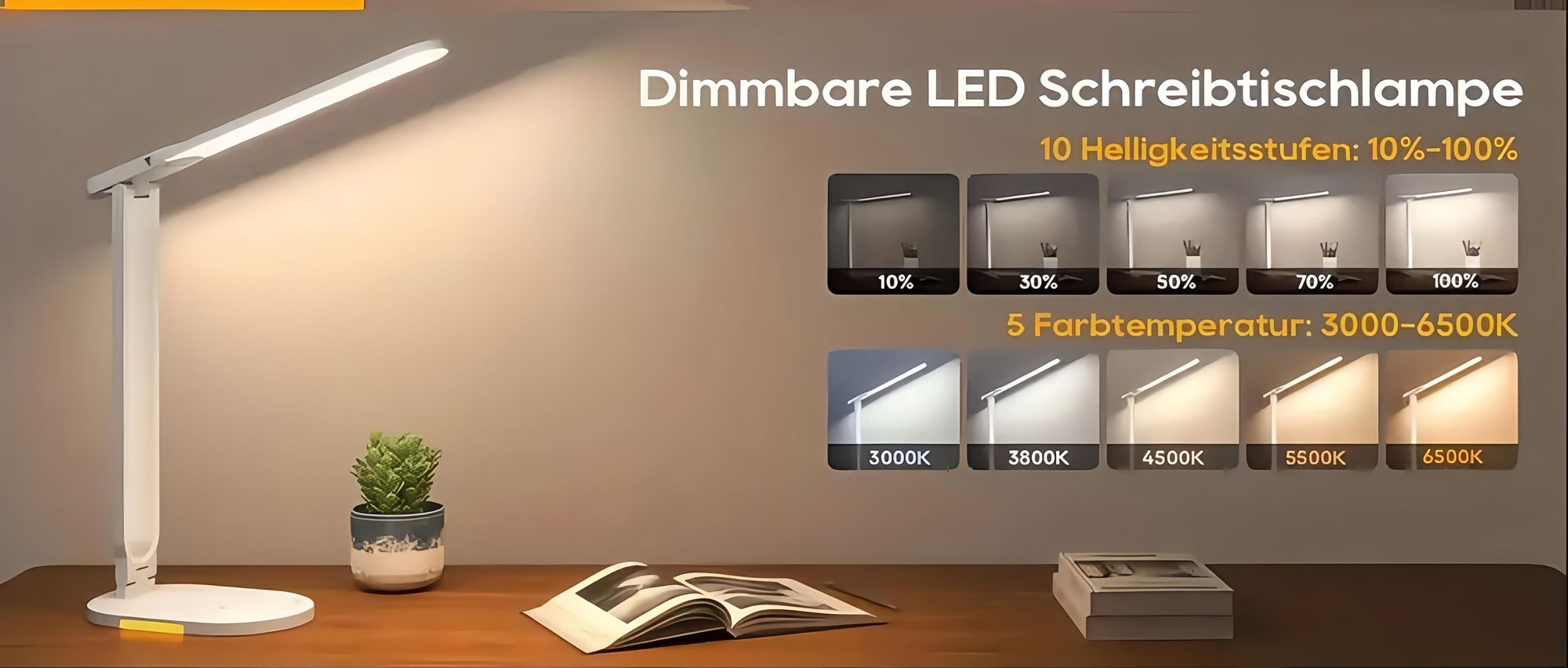 Dimmbare LED-Schreibtischlampe,Doppelarm-Schreib-tischlampe mit 5 Farben und10 Helligkeitsstufen,Büro-lampe/Schreibtischlampe mit Ladefunktion,Berühre