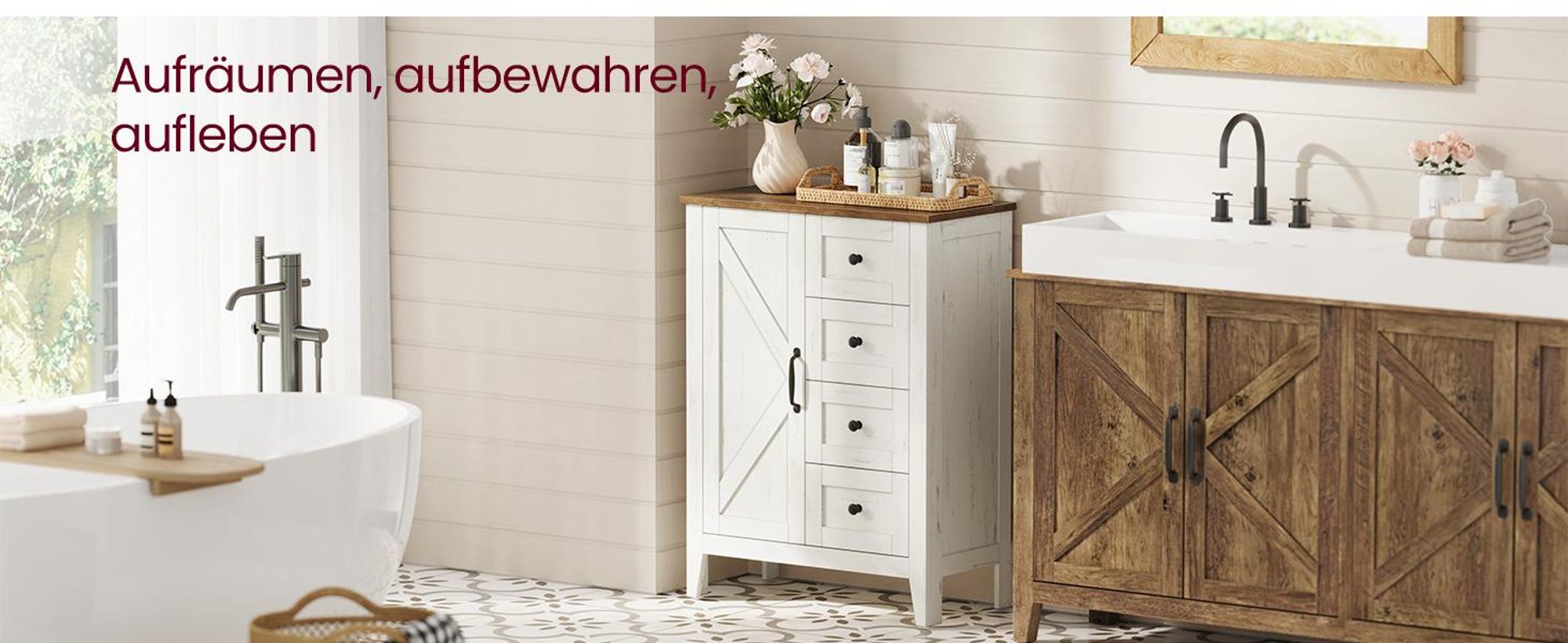 VASAGLE LIRY Kollektion - Aufbewahrungsschrank, Badezimmerschrank im Landhausstil, mit 4 Schubladen, Tür, freistehender Schrank, verstellbare Ablagen
