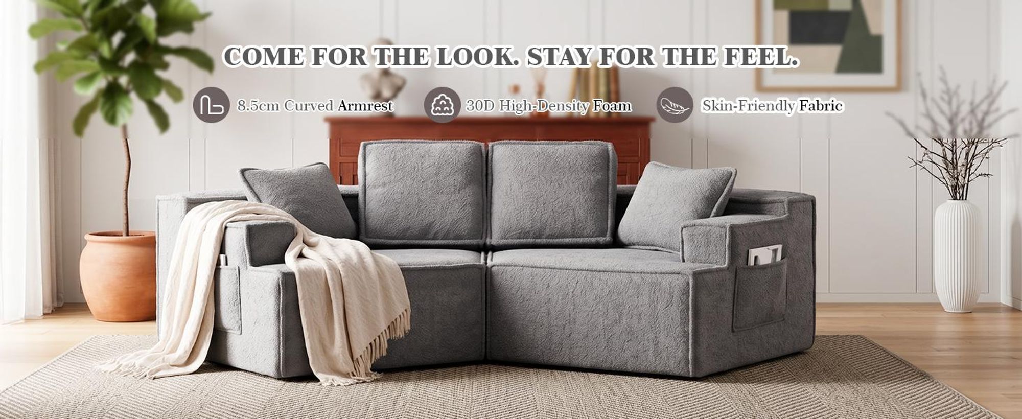 COMHOMA Sofa, 2-zits, 228 x 75 x 67 cm, modulaire slaapbank, gestoffeerde bank, met opbergzak, bank met slaapfunctie, geen montage nodig