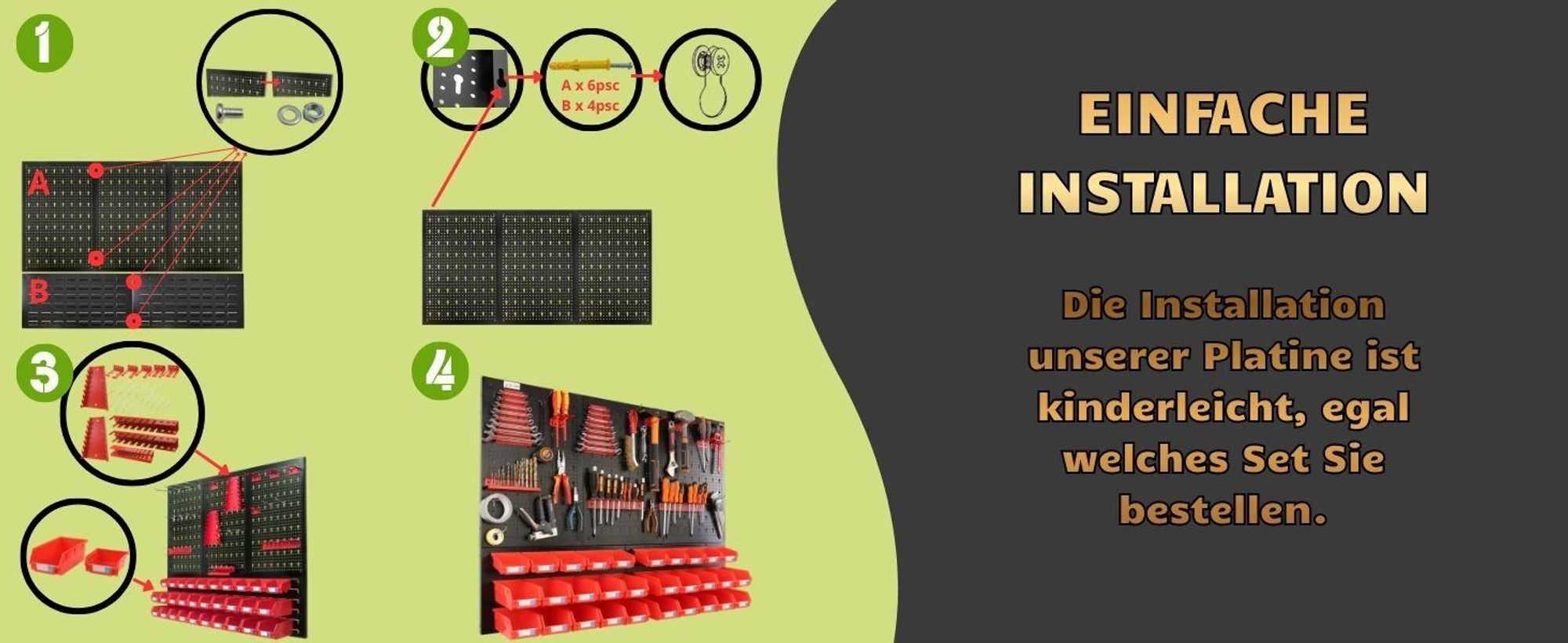 botle® Werkzeugwand Lochwand aus Metall, Stapelboxen + Wandregal + Werkzeughalter 114-tlg Set, Kleinteilelager, Wandwerkstatt mit 60 stapelbaren in 3 Farbe Behältern auch mit Deckeln, Hängeregal Sortierregal