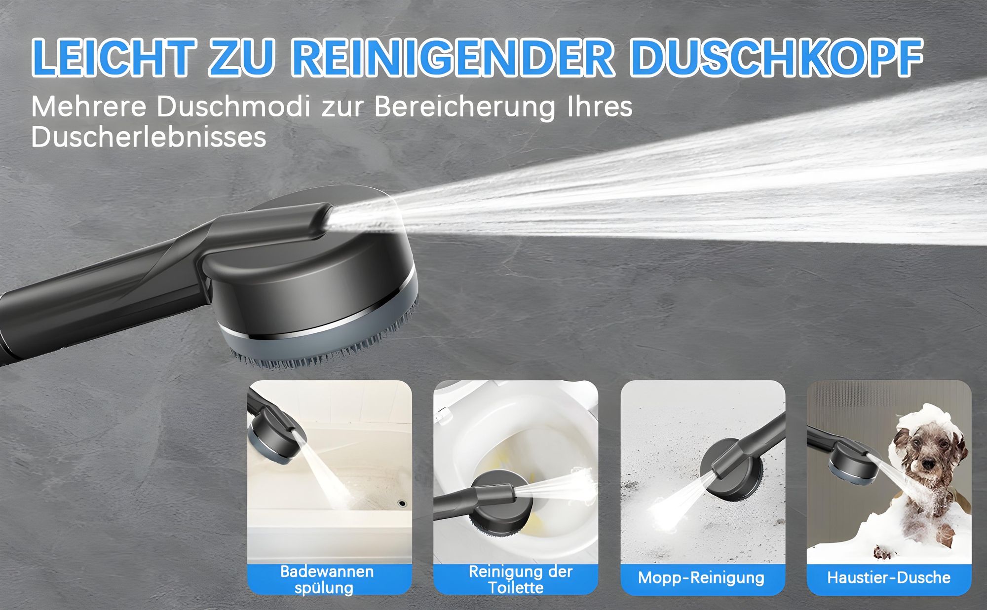 Duschkopf Drucksverstärkung, Wassersparend Duschbrause mit 4 Strahlarten, Tasteinstellung, ABS Verstärkt, Inkl. 3 Filter, Wandhalterung und Schlauch