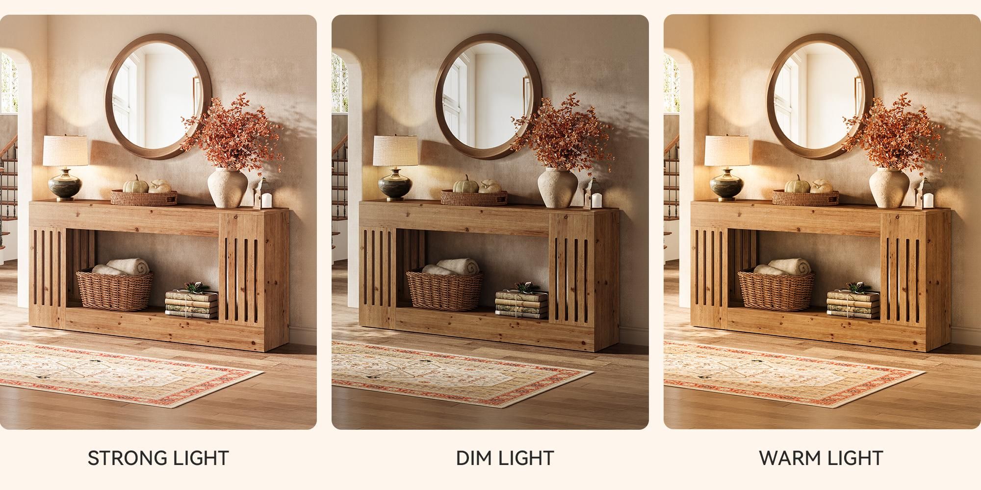 160 cm Konsolentisch, Sofatisch aus Massivholz im Landhausstil mit Ablagefach, zweistöckiger Eingangstisch mit vertikal gestreiften Beinen, braun