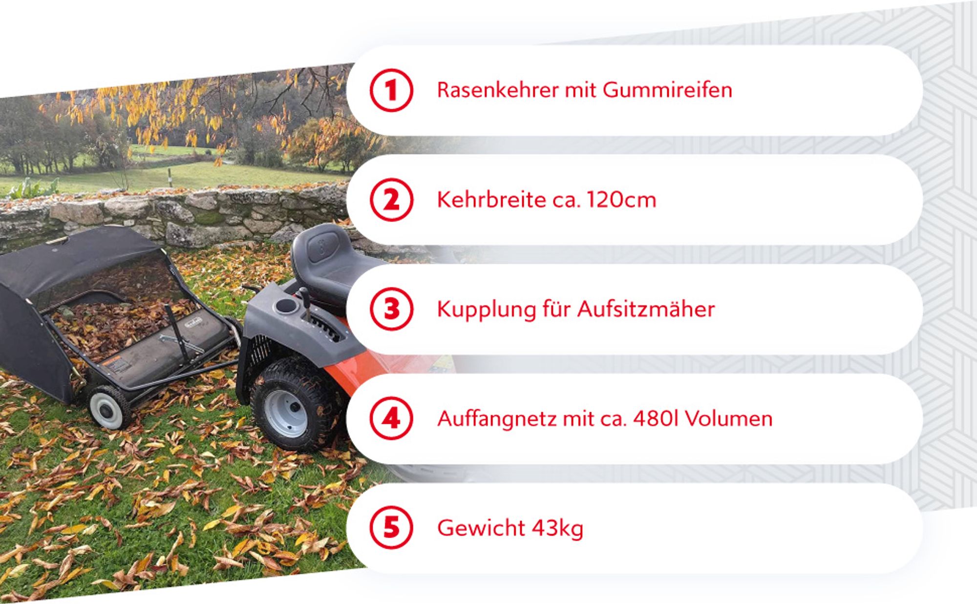 Wiltec Rasenkehrmaschine mit 120 cm Kehrbreite, Rasenkehrer für Aufsitzmäher, Laubsammler mit 415 l Auffangnetz Laubkehrmaschine für Rasentraktor