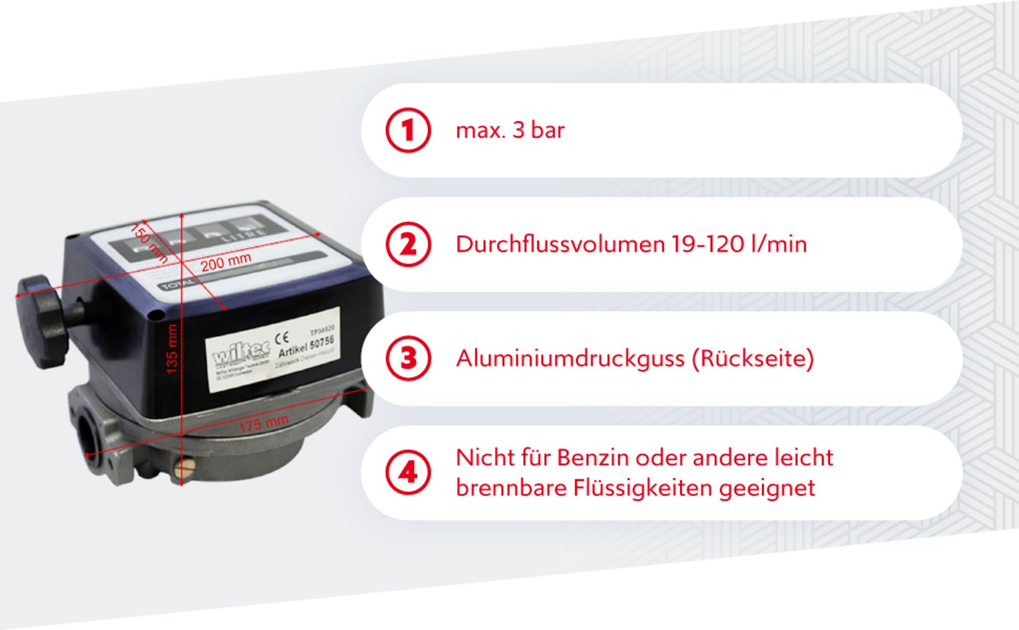 Wiltec Doppelzähler für Diesel Heizöl 3,5 bar 20-120l/min mit 32mm (1") Anschlüsse und 1% Abweichung, für Heizölpumpen und Dieselpumpen