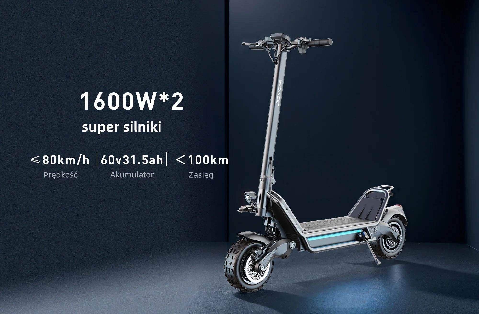 Skuter elektryczny JOYOR E6-S - 1600W*2 Silnik 60V31.5AH Akumulator 85KM Zasięg Hamulec tarczowy - Czarny