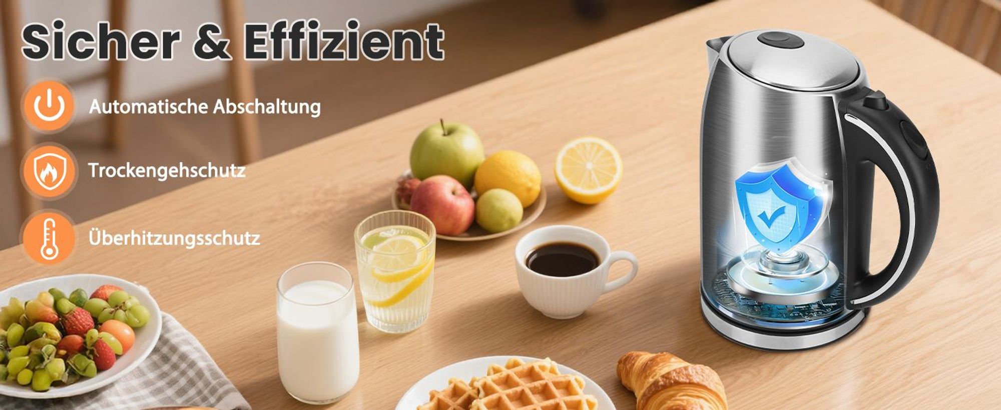 Aigostar - Wasserkocher Edelstahl 1,7L, 2200W, mit Kalkfilter, LED Beleuchtung, Mit Wasserstandsanzeige, Schnelles Kochen, Abschaltautomatik, BPA frei