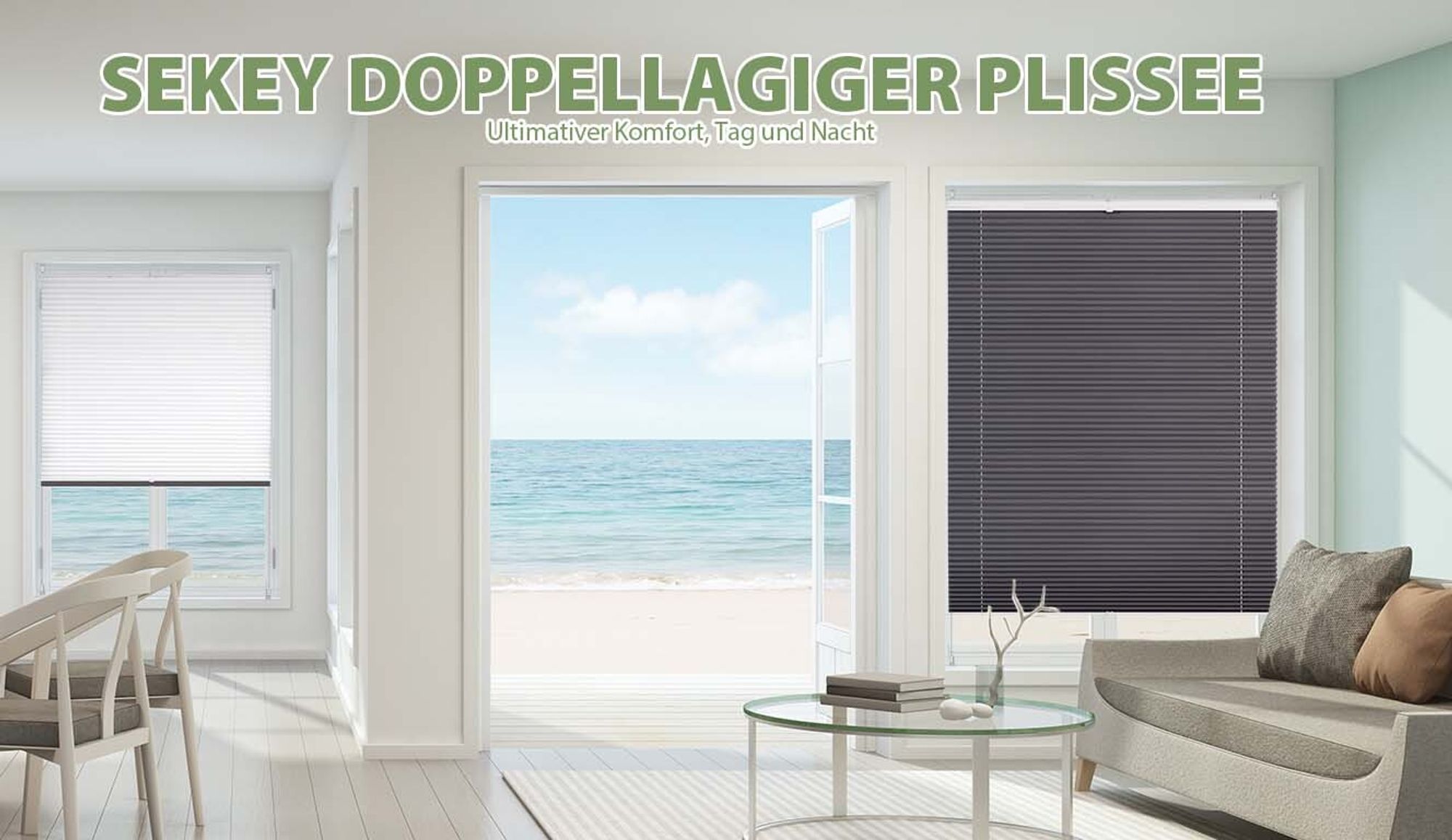Sekey Plissee 80×130 cm ohne Bohren Day+Night Verdunklungsplissee Weiß+Grau Blickdicht Faltrollo Klemmfix 100% Verdunkelnd Sichtschutz für Fenster