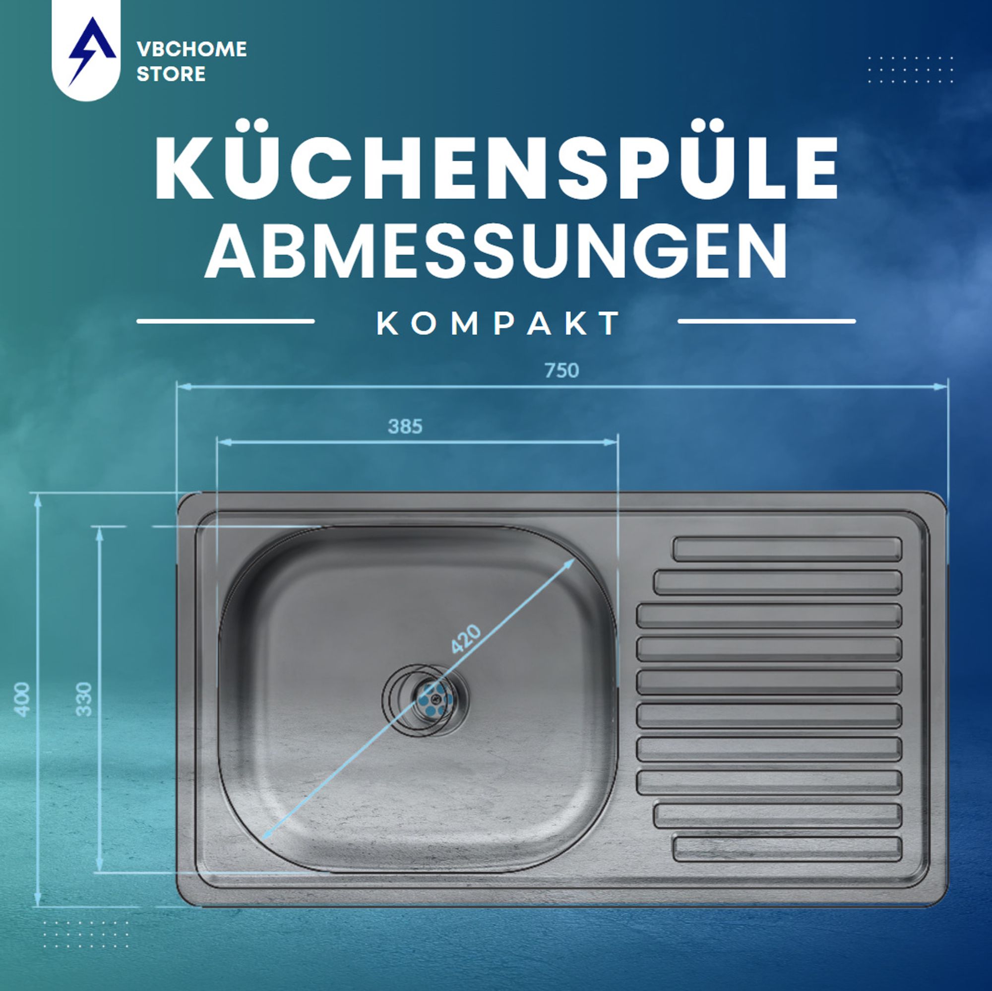 VBChome Edelstahlspüle 75 x 40 x 14 cm Edelstahl Glatt Küchenspüle mit Hahnloch Spüle Linksseitig Pflegeleichte Abtropffläche Ablaufgarnitur Siphon