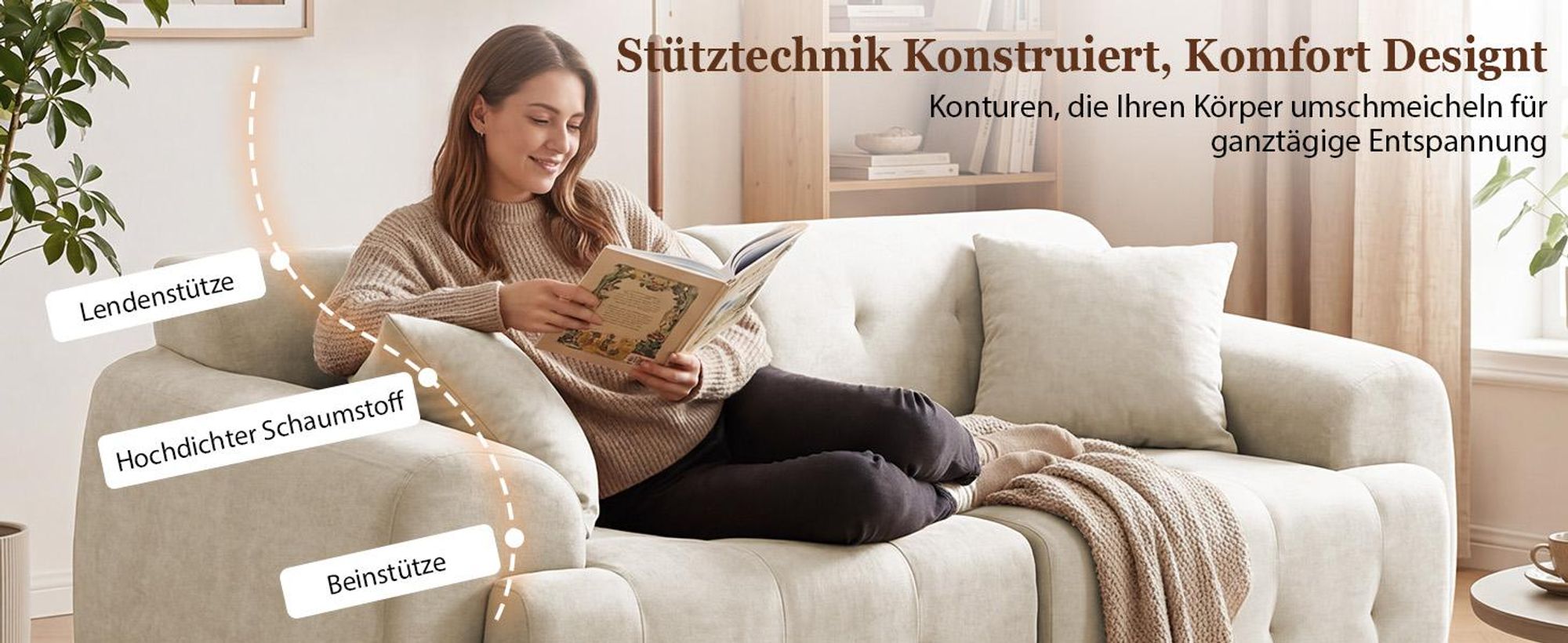 COMHOMA Sofa 2 Sitzer, 180 x 86 x 40 cm Bodensofa, Couch mit Rückenlehne, Kissen und Armlehne, Modernes Stoffsofa für Wohnzimmer, Wohnung, Büro, beige