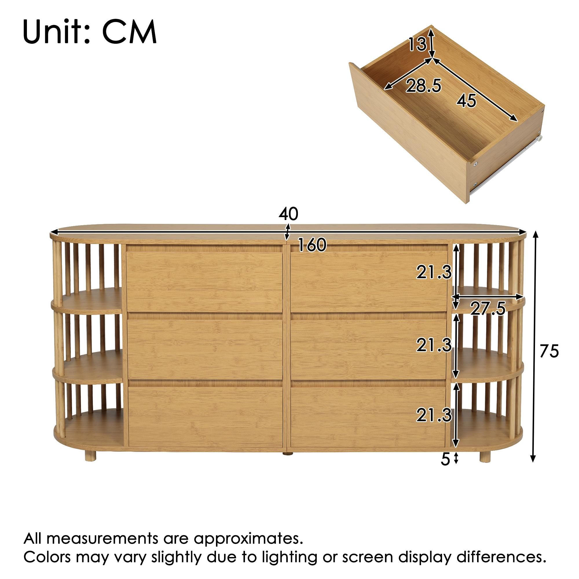 Flieks Kommode mit 6 Schubladen, Sideboard Wohnzimmerschrank mit 2 Bambus-Regalen, Aufbewahrungsschrank 160x40x75 cm, Oak