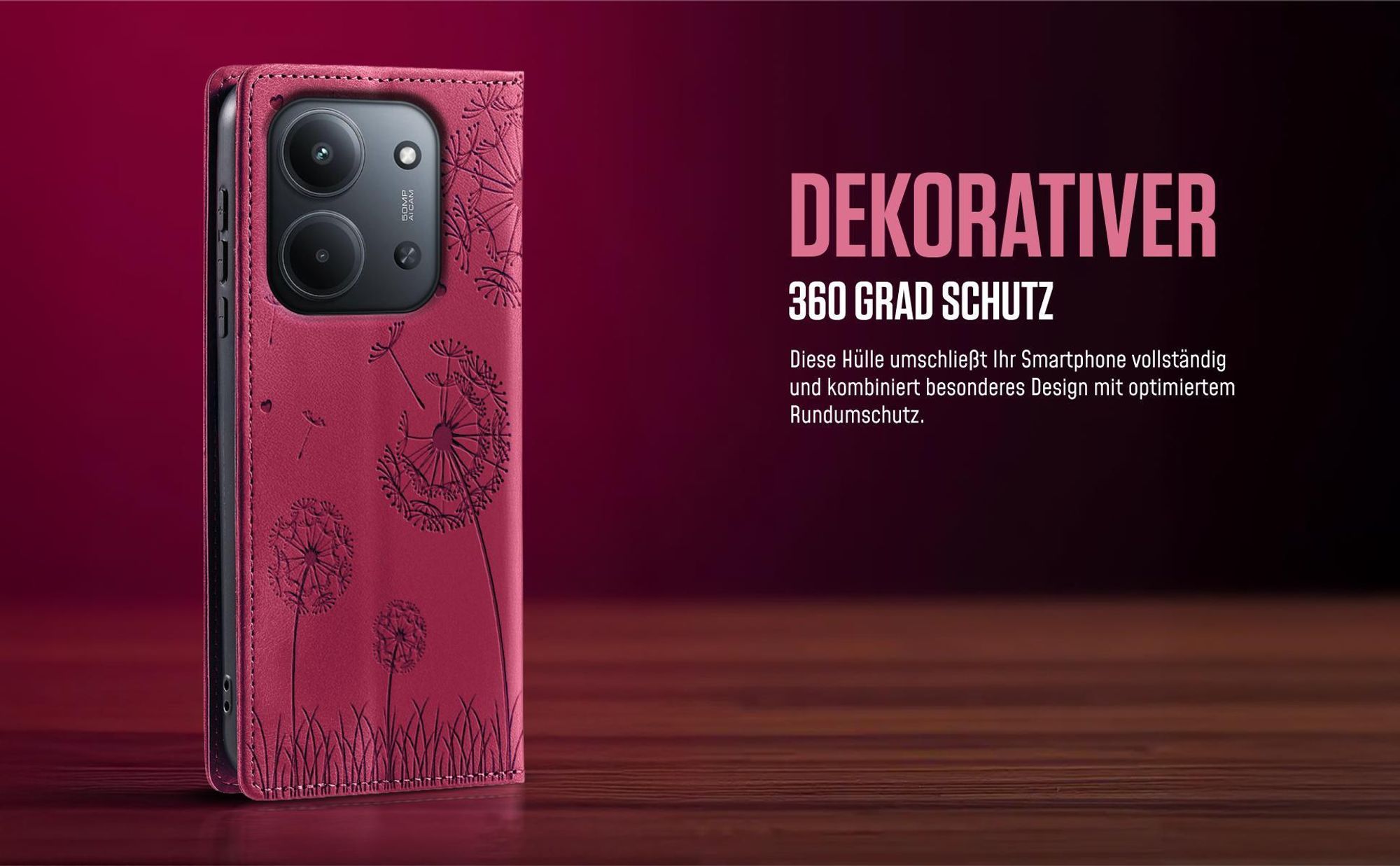 Löwenzahn Flipcase in Magenta für Xiaomi Redmi 15C mit 360 Grad Schutz