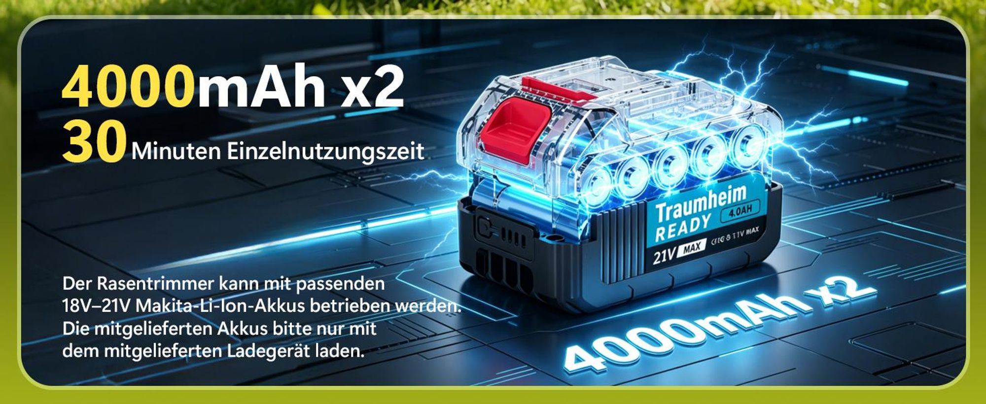 950W Akku Rasentrimmer mit 2×4000mAh 21V Akkus, 10 Zoll Schnittbreite, Bürstenloser Motor Freischneider mit Unkrautbürste & 4 in 1 Messern + Ladegerät