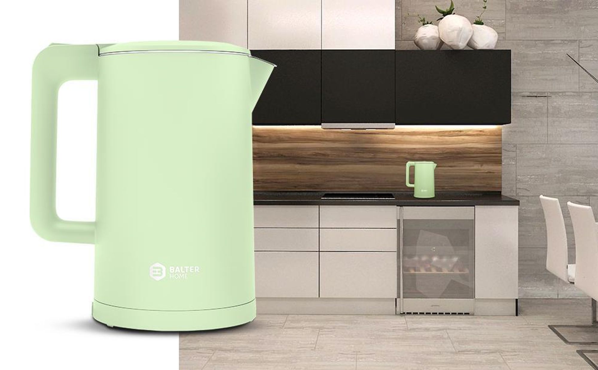 Balter Wasserkocher Edelstahl 1,7L, 2200W, BPA-frei, LED-Beleuchtung, Doppelwand, Teekessel mit Abschaltautomatik, Trockenlaufschutz, Mint