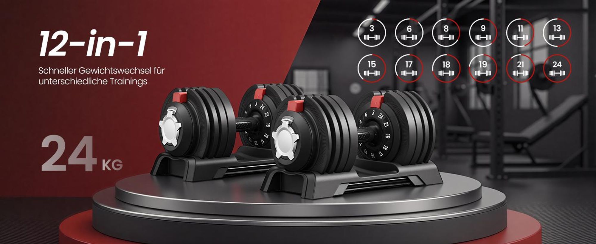 SONGMICS Kurzhanteln 2er set, verstellbar, 12-in-1, 3 kg bis 24 kg, mit Ständer, schwarz-rot