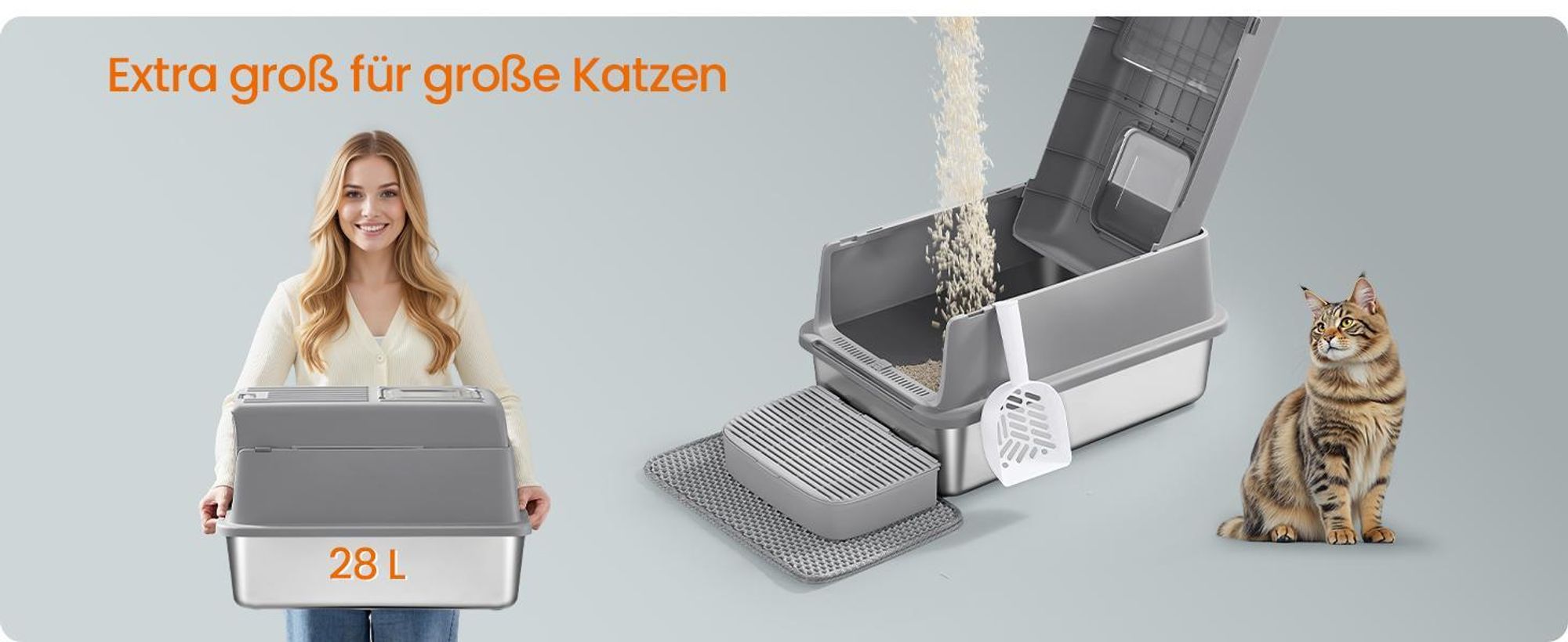 Feandrea Katzenklo Edelstahl, Katzentoilette mit Deckel, mit Schaufel, Katzenstreumatte und 2 Eingängen, für Katzen bis 15 kg, hellgrau