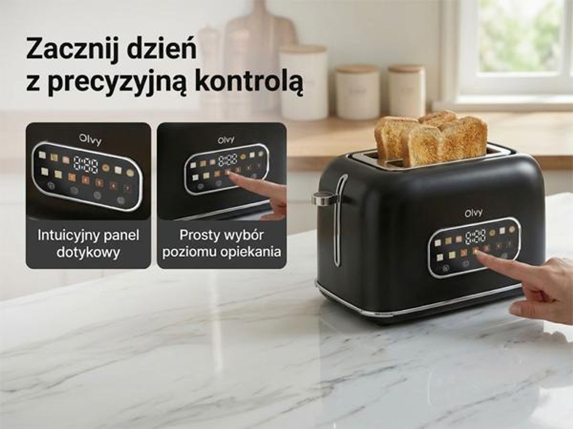 Toster Olvy, ekran dotykowy z timerem, 7 stopni opalania, bardzo szerokie szczeliny, 6 programów, w tym bagel i gofr, funkcja rozmrażania i podgrzewania, czarny