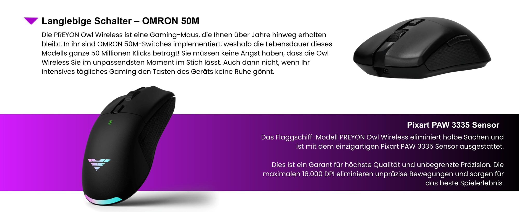 PREYON Owl Wireless Spielmaus Robuste Gaming-Maus - Zwei Verbindungsmodi - Kabellos und Kabelgebunden - Sensoren Pixart PAW 3335 - Schwindelerregende 16000 DPI - Omron 50M Schalter - RGB-Beleuchtung