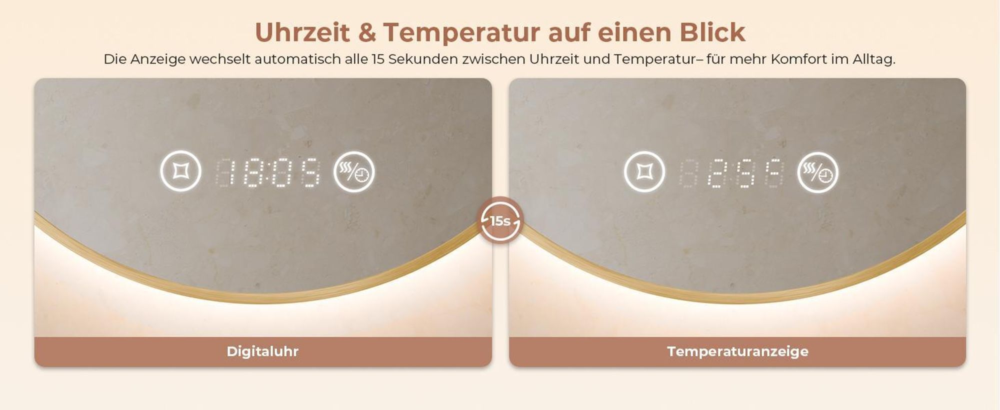 S'AFIELINA Badspiegel mit Beleuchtung Rund 80 cm Diameter, LED Badspiegel mit Touch, Beschlagfrei, Dimmbar, Uhr, Temperatur, Speicherfunktion,Gold