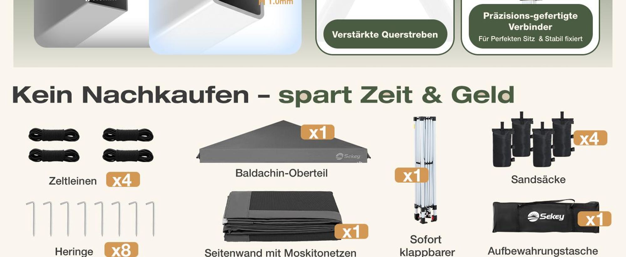 Sekey Faltpavillon 3x3m Pop Up Pavillon mit Moskitonetz, Wasserdichter Gartenpavillon höhenverstellbar inkl. 4 Sandsäcke für Garten Party Camping