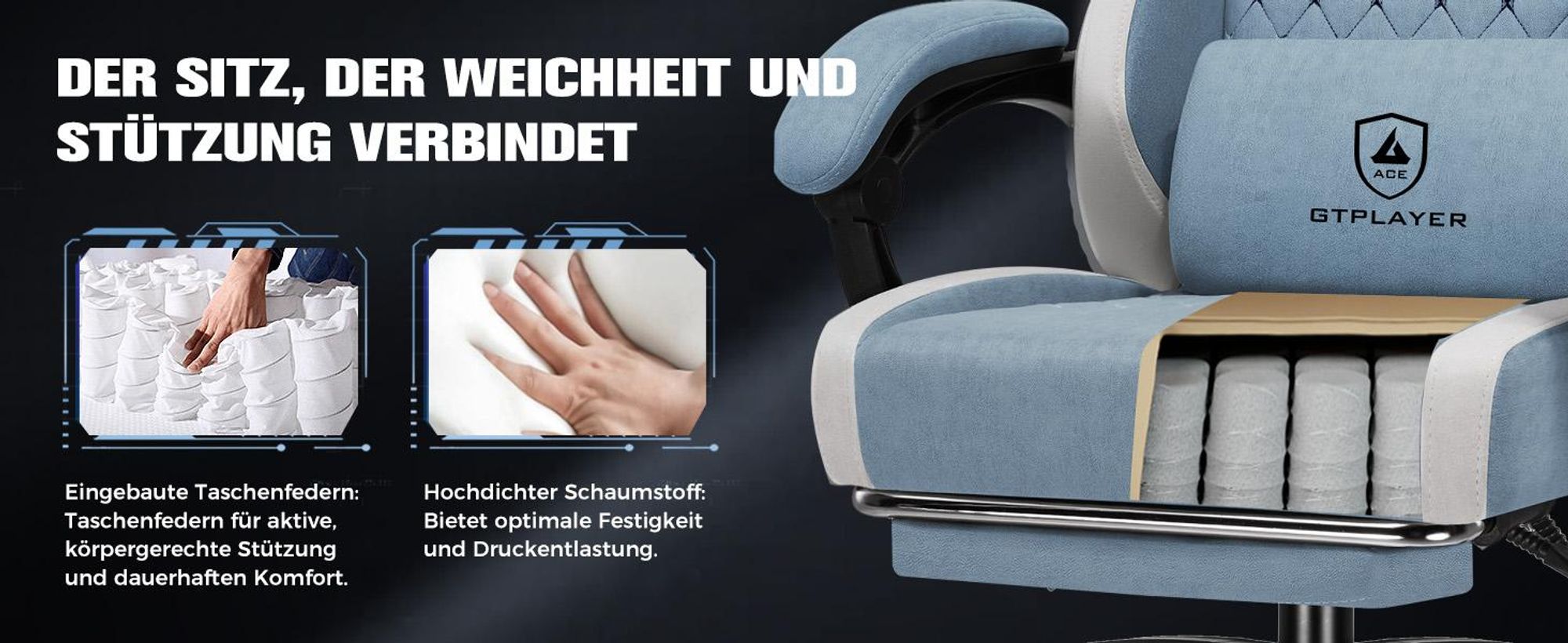 GTPLAYER Gaming Stuhl Ergonomischer, PC Stuhl Atmungsaktiver Stoff, Groß und Hoch Drehbarer Schreibtischstuhl mit Fußstütze, Hellblau