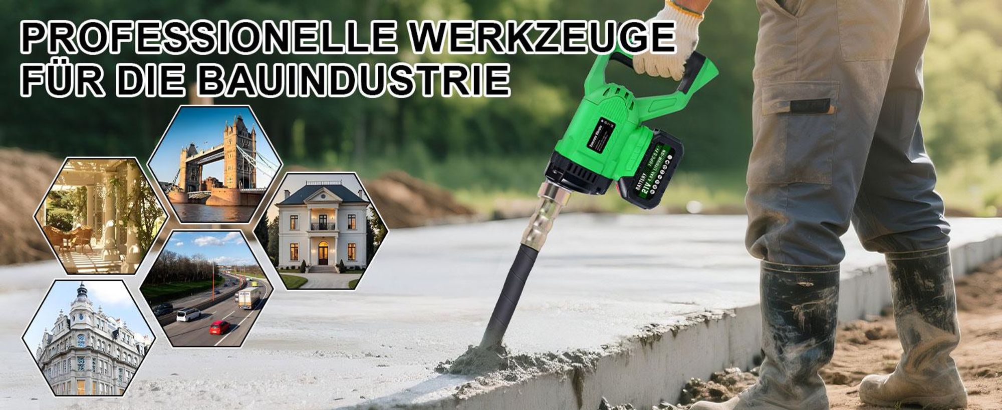 Akku Betonrüttler mit 4,0Ah-Akku, 6000U/min 850W Bürstenlos Betonverdichter mit 2 m Schlauch, Ø 35mm, Flaschenrüttler Kompatibel mit Makita 18V Akku