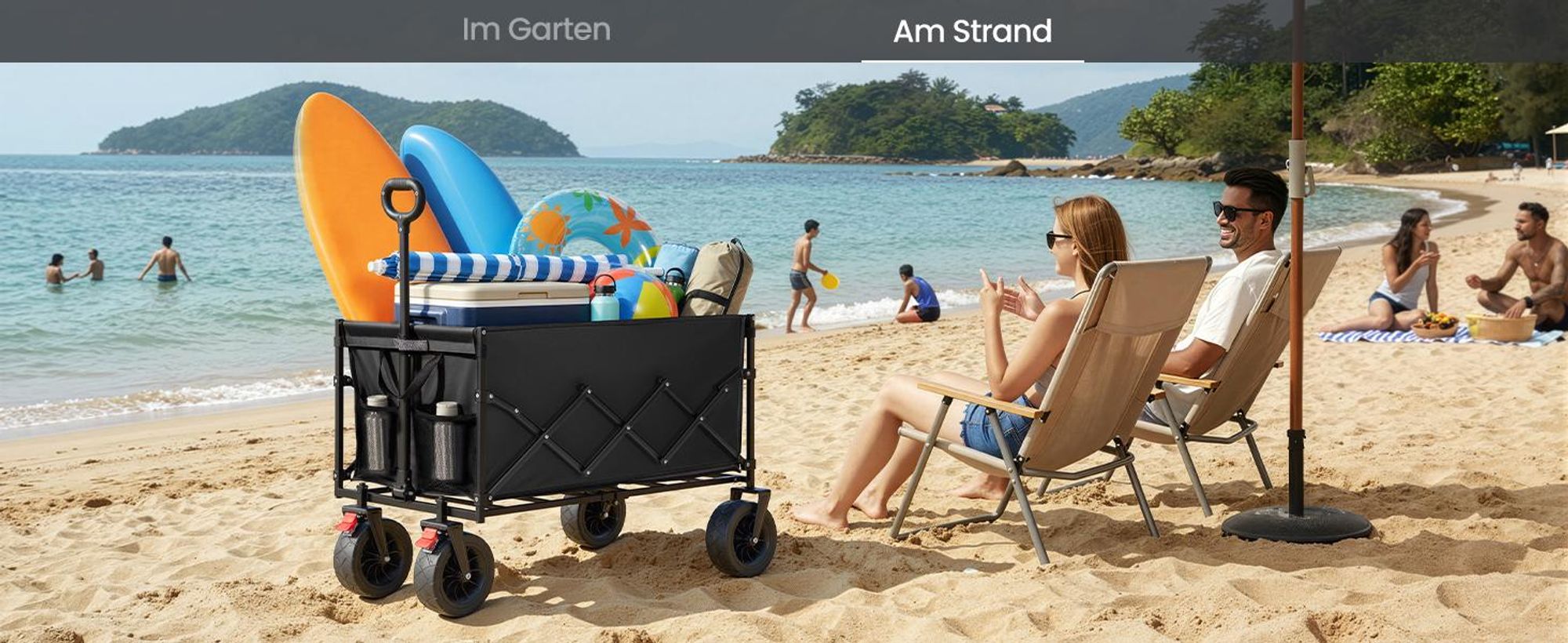 SONGMICS Faltbarer Bollerwagen, Transportwagen 200 L, Handwagen mit Griff, Outdoor Garten, 4 verstärkte Rollen, schwarz
