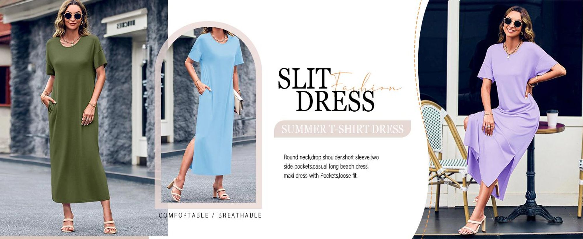 Langes Damenkleid mit überschnittenen Schultern, Seitenschlitzen und Taschen