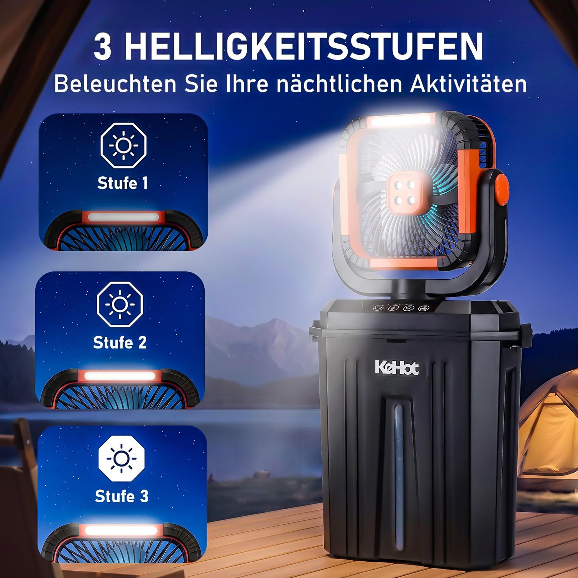 Kehot Campingventilator mit Sprühfunktion 12L Wassertank 10000mAh Akku 120° Oszillation LED Licht Fernbedienung USB-C Outdoor Ventilator für Camping W
