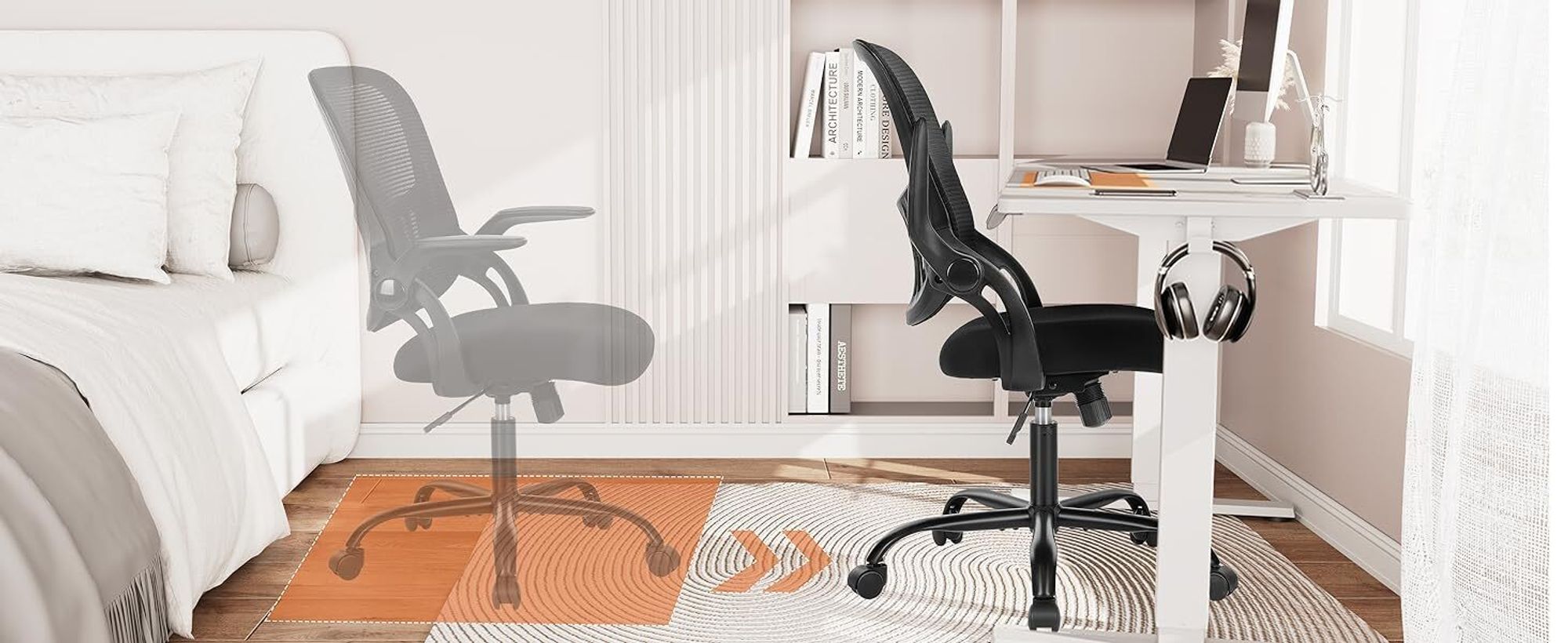 Bürostuhl Ergonomisch, Bürostuhl – Ergonomischer Sitz – Sessel mit 90° klappbarer Armlehne – Lordosenstütze – höhenverstellbar - Schwarz