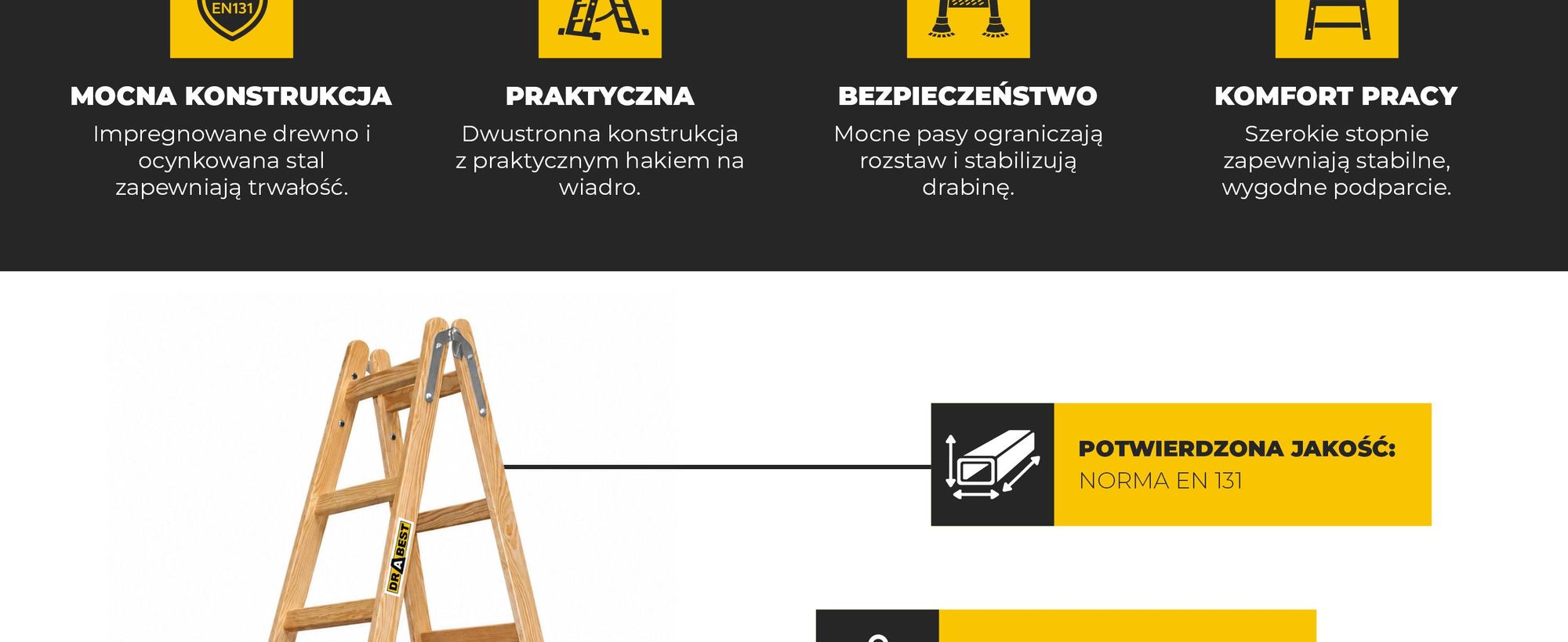 DRABEST | Drabina malarska drewniana PRO serii, dwustronna, składana, domowa, 2×7 stopni, 150 kg