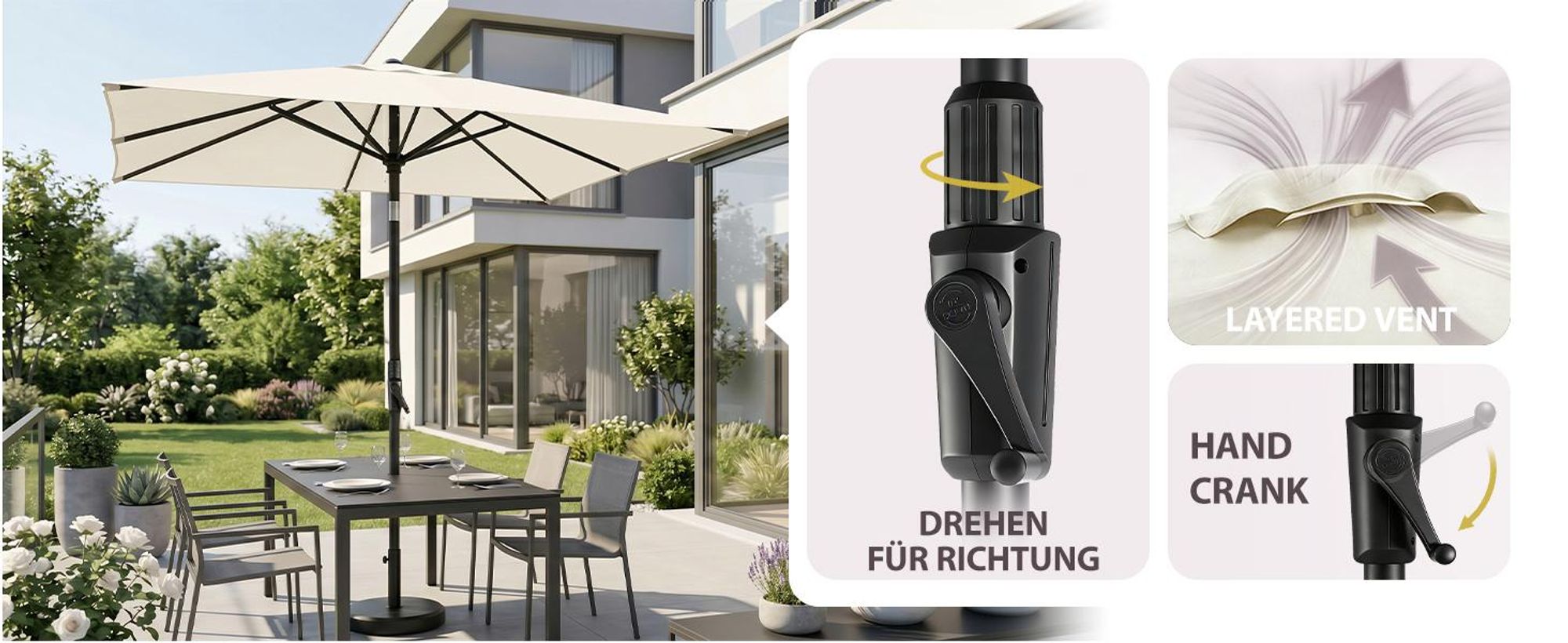 Sekey Rechteckiger Sonnenschirm 210x140 cm, Marktschirm mit Kurbel neigbar, 30° knickbar, UV50+ Sonnenschutz, wetterfester Gartenschirm für Garten