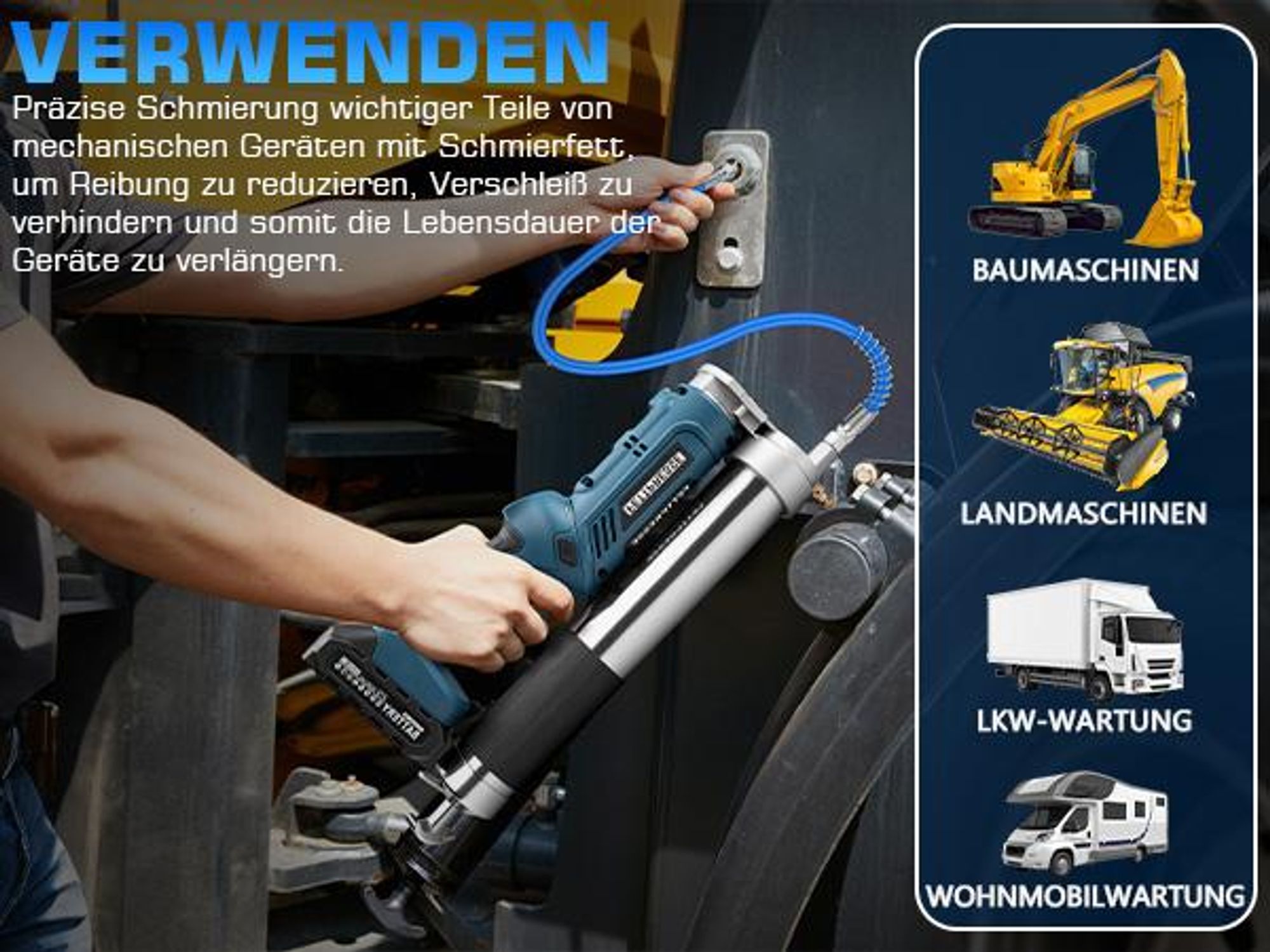 Akku Fettpresse 2-in-1 Elektrische Schmierpistole 12000 PSI mit 2 Akkus, 3 Düsen, Bürstenloser Motor, 100cm Flexschlauch, LED-Licht, 600g Kapazität