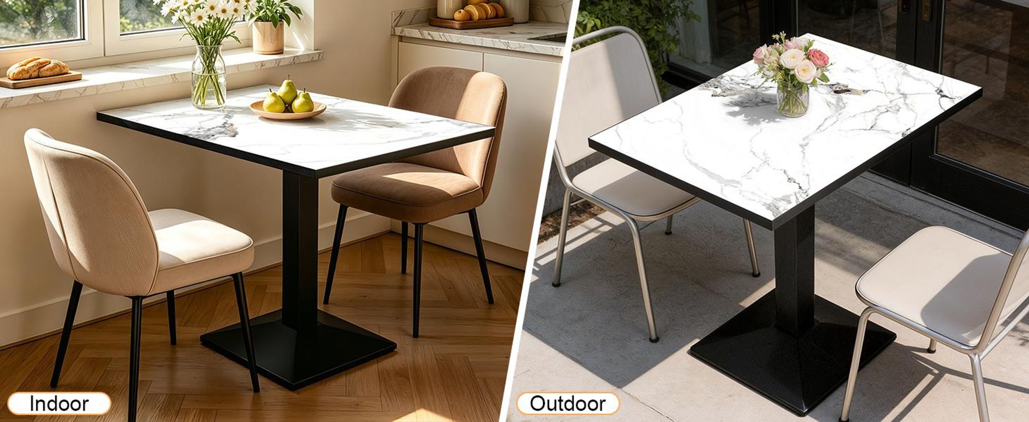 FATIVO Esstisch Sintersteinplatte 76x60x78 cm Schwarz-Jadeweiß, Säulenfuß für 2–4 Personen