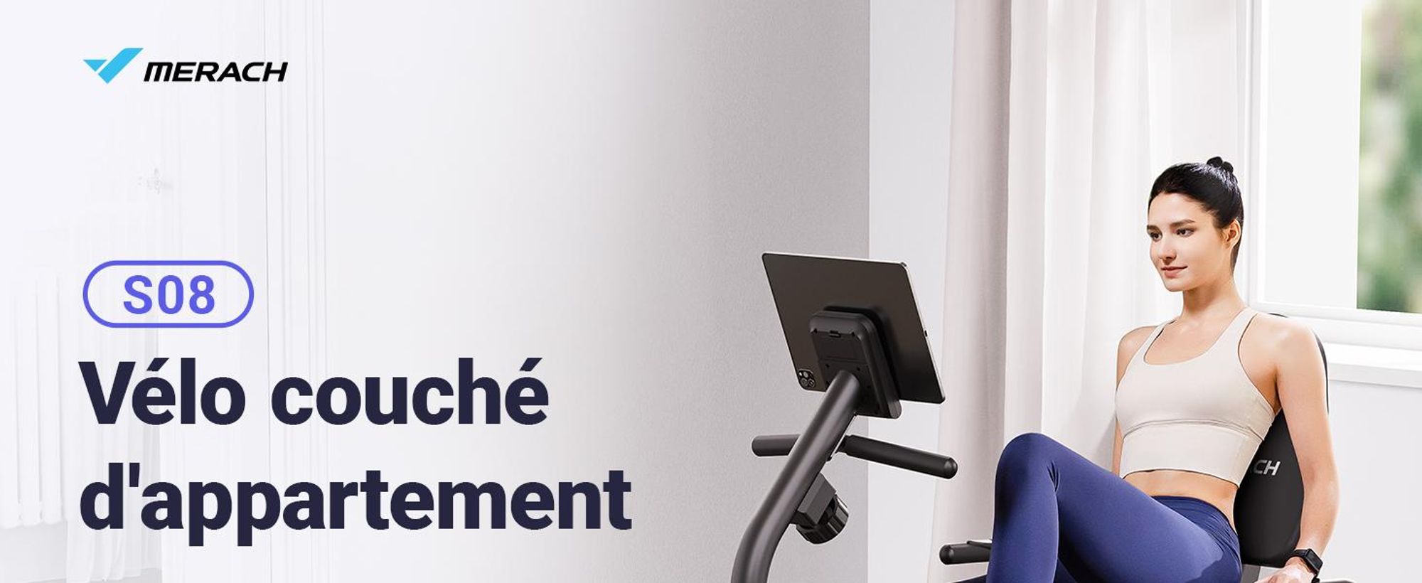 Vélo D'appartement Semi-allongé Magnétique - Merach, 8 Niveaux De Résistance, Écran LCD, Poignées De Fréquence Cardiaque
