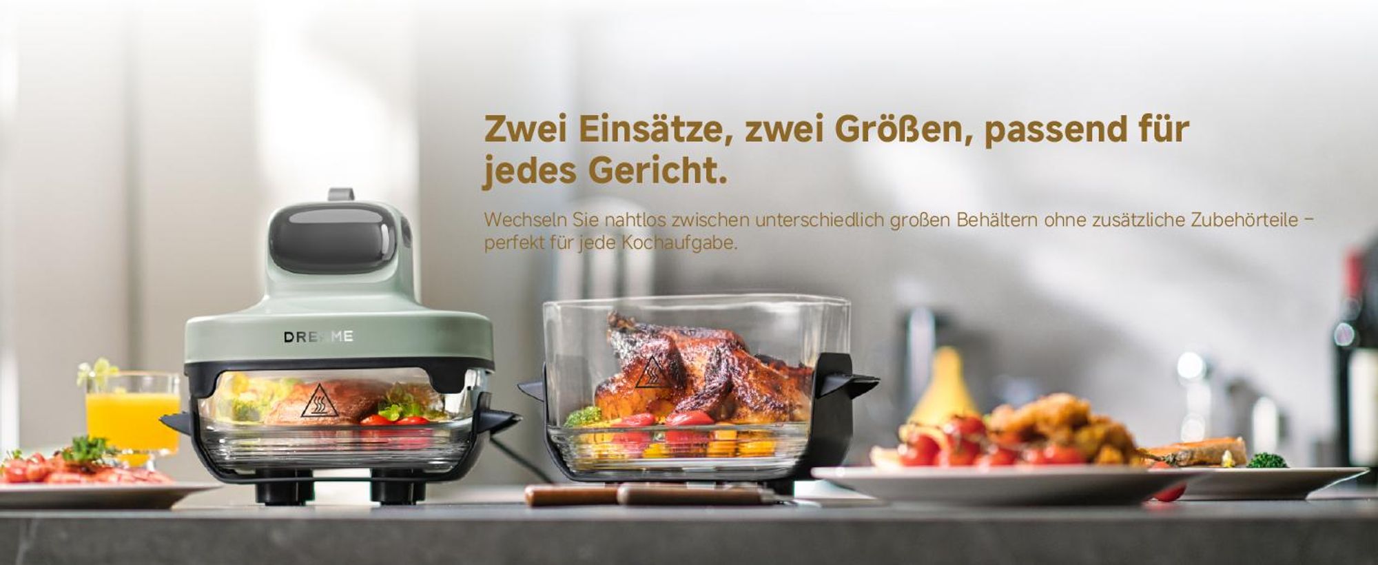 Dreame Tasti AirFryer 5-in-1 Heißluftfritteuse,6mm starkes,tragbares Borosilikatglas,3D-Heißluftzirkulation,spülmaschinenfest,360°Sicht,2.5l+4.5l,Grün