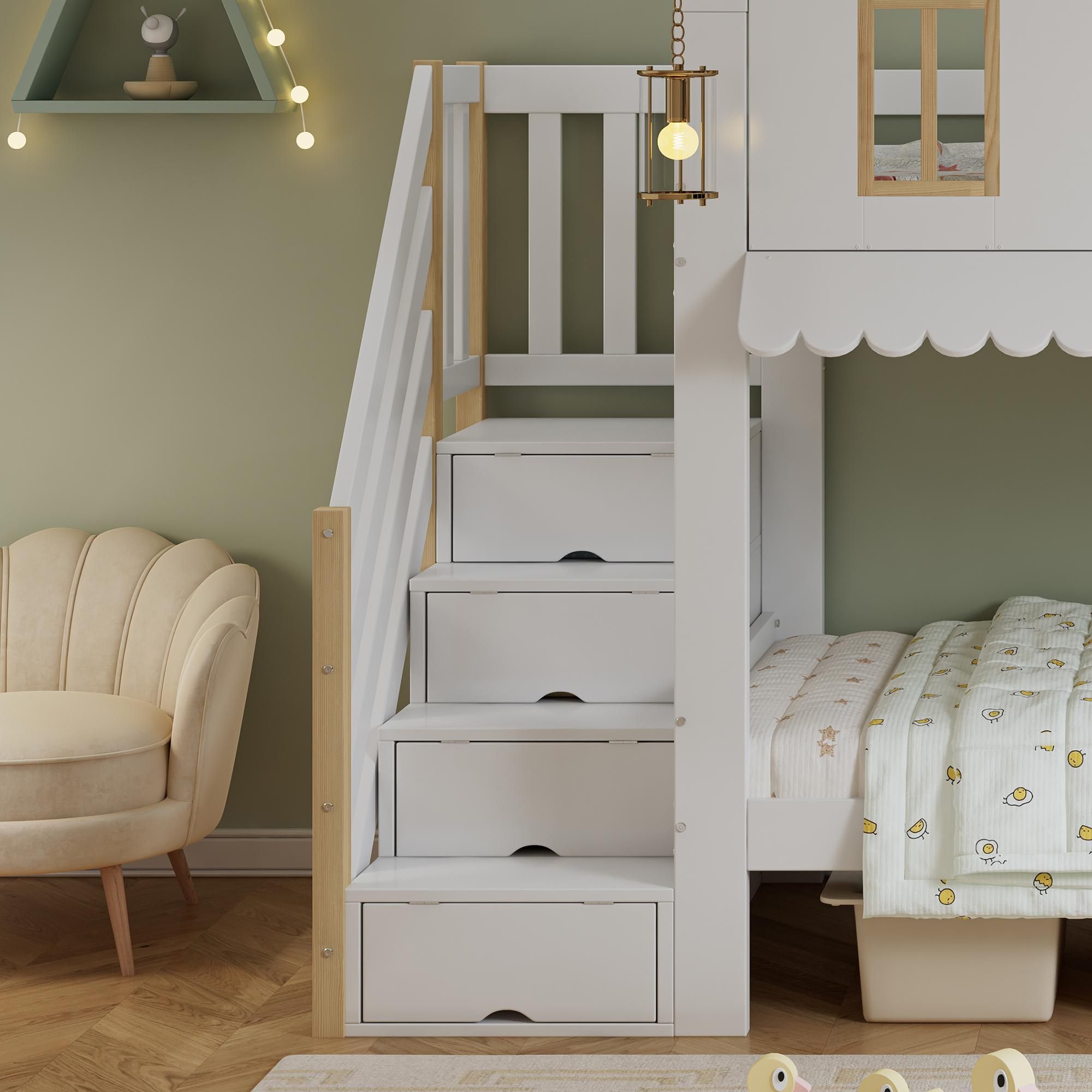 Flieks Etagenbett 90x200cm mit Rausfallschutz, Kinderbett Hausbett mit Fenster, Hochbett mit Lattenrost und Stauraumtreppe, Stockbett Weiß
