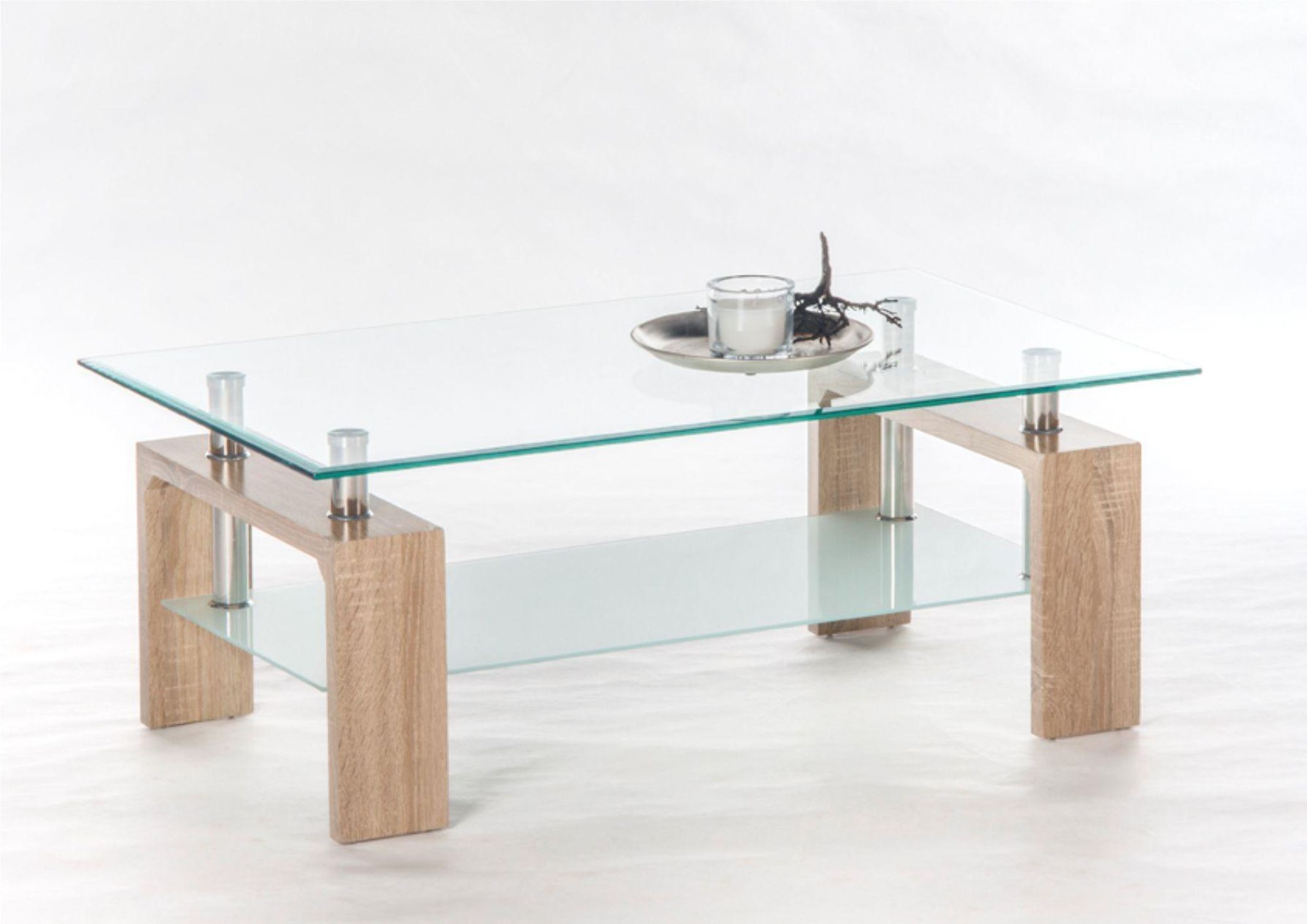 Mango II – Couchtisch mit Glasablage und Edelstahl-Sonoma-Eiche-Nachbildung